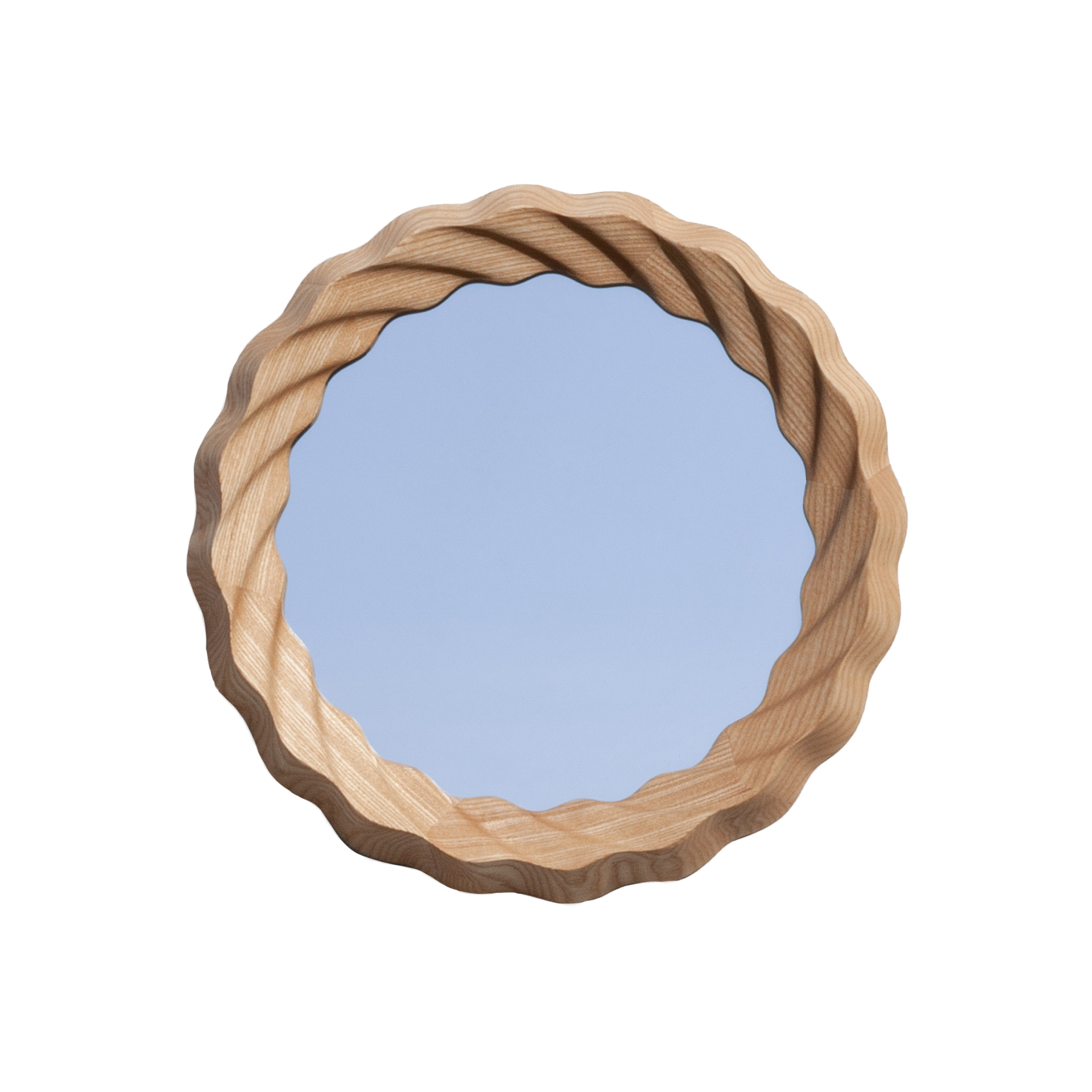 Close-up of a wooden sculpture with a smooth, curved design and a natural wood finish.