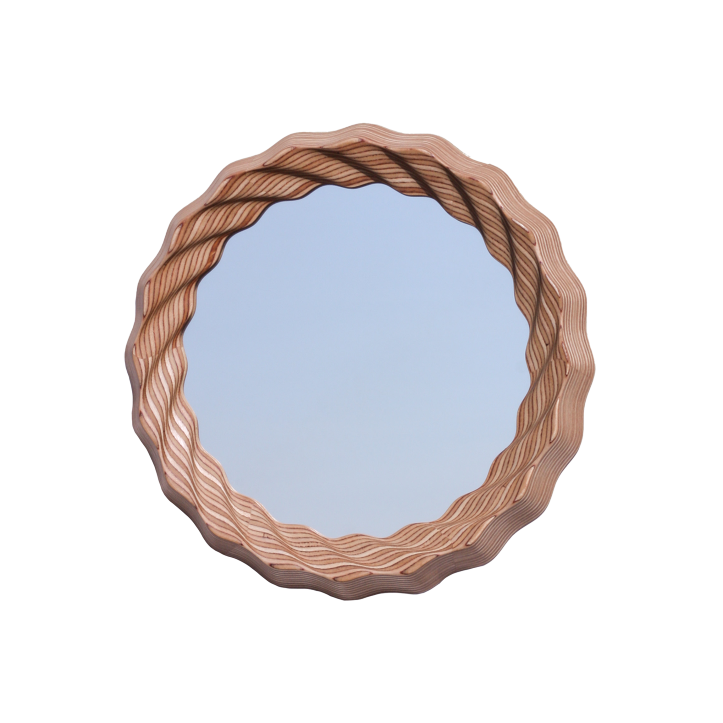 A close-up view of a wooden ring with layered, wavy patterns.