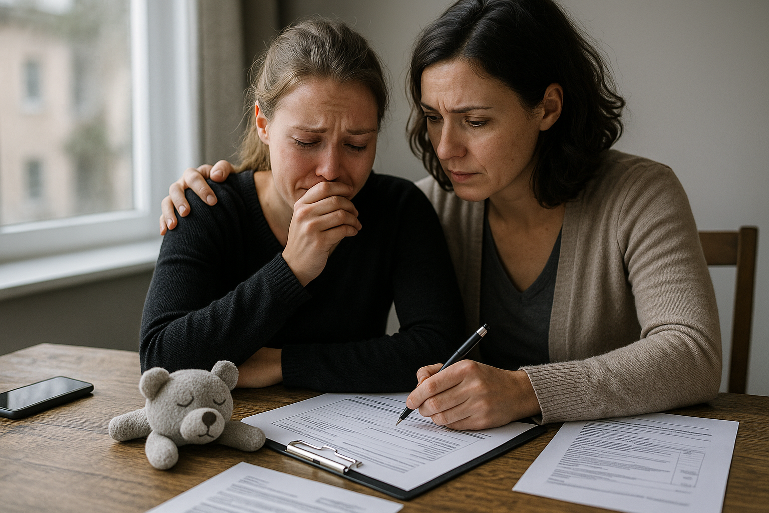 Zwei Frauen sitzen am Tisch, eine trauert und die andere tröstet sie, während sie gemeinsam Papierarbeiten durchgehen. Auf dem Tisch liegt ein Smartphone und eine plüschige Teddy-Figur.