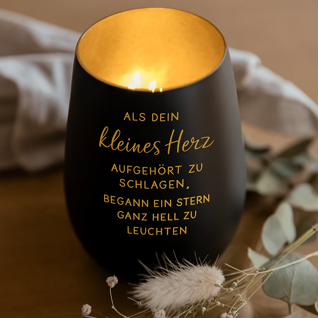 Ein schwarzer Kerzenhalter mit goldener Innenseite, der eine brennende Kerze enthält. Auf der Vorderseite befindet sich ein goldener Spruch auf Deutsch. Im Vordergrund liegen getrocknete Pflanzen und Blätter.
