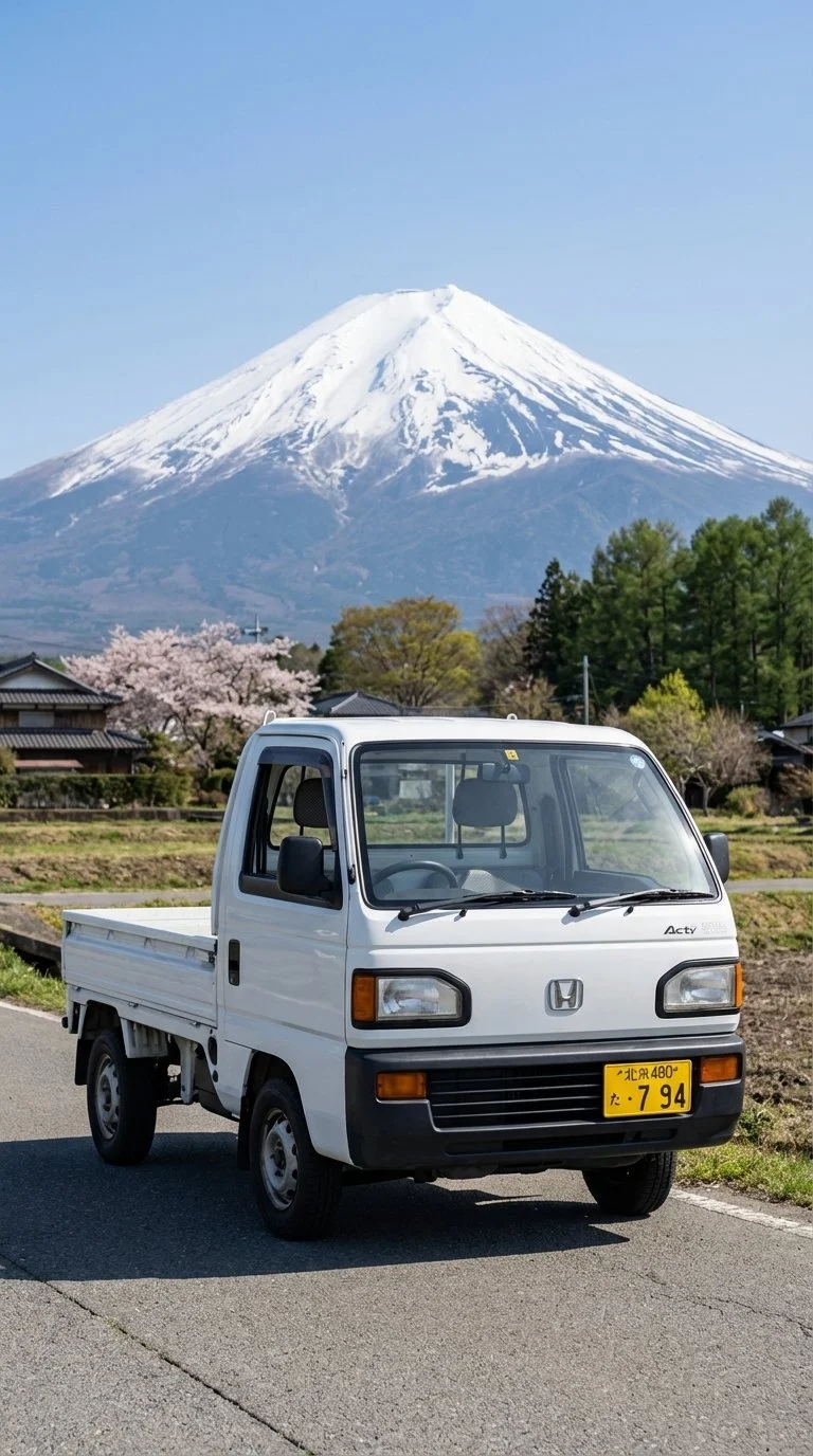 Ein weißer Kleinwagen vor dem Mount Fuji, mit grünen Bäumen und blühenden Kirschbäumen im Hintergrund.