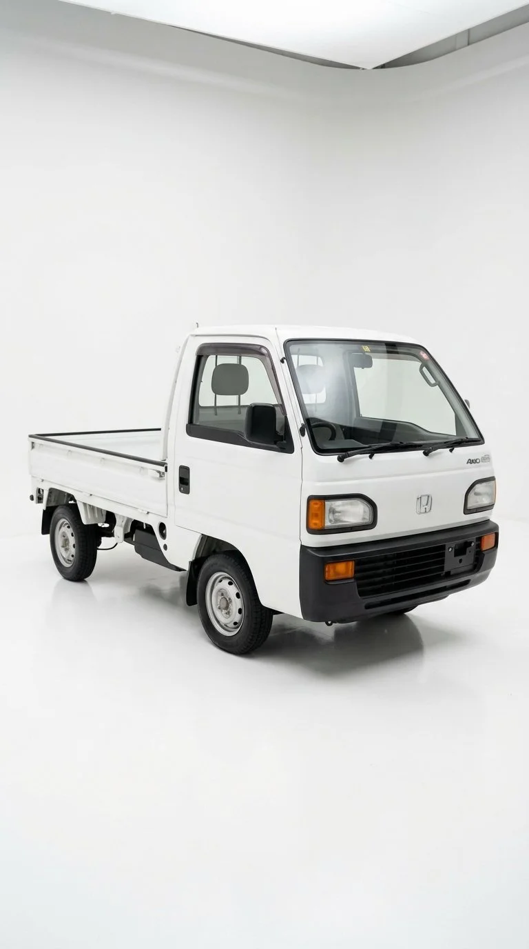 Kleiner weißer Honda Mini-Truck in einer weißen Studio-Umgebung