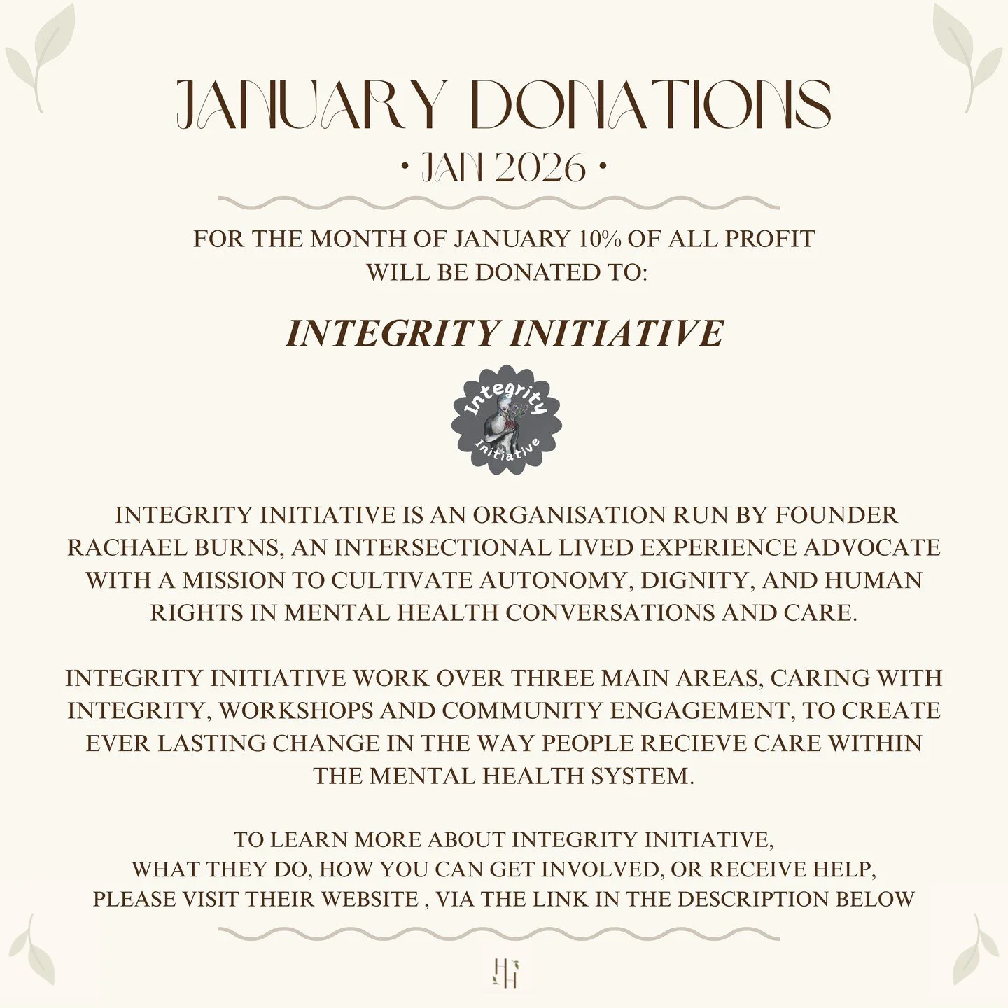 With our T-shirt launch only days away (AHHH) i thought it was fitting to introduce our first donation recipient of 2026!! 

I am so excited to announce our January 2026 donation recipient:

INTEGRITY INITIATIVE
@integrity_initiative 

Integrity Init