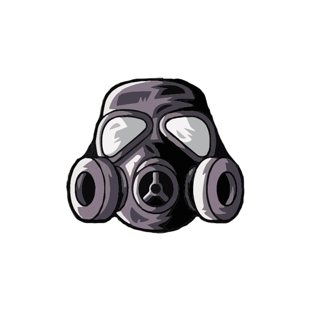Illustration of a gas mask with large eye lenses and circular filters on each side.