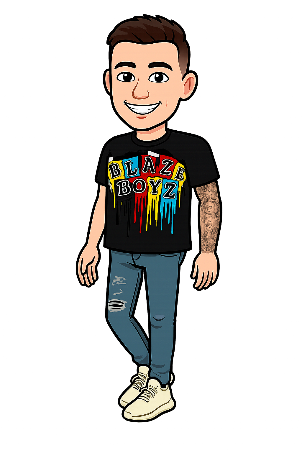 Digital cartoon of a smiling young man with short brown hair, wearing a black T-shirt with colorful dripping paint design and the words "BLAZE BOY Z" on it, ripped jeans, and white sneakers, standing with a lively, dark colorful background.