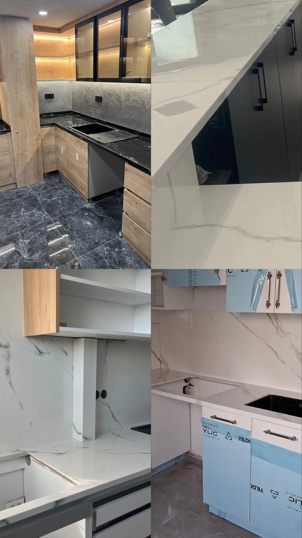 Four images of kitchen interiors showcasing different countertop and cabinet finishes, including wood, marble, and glossy surfaces, some with protective blue film and some under construction.