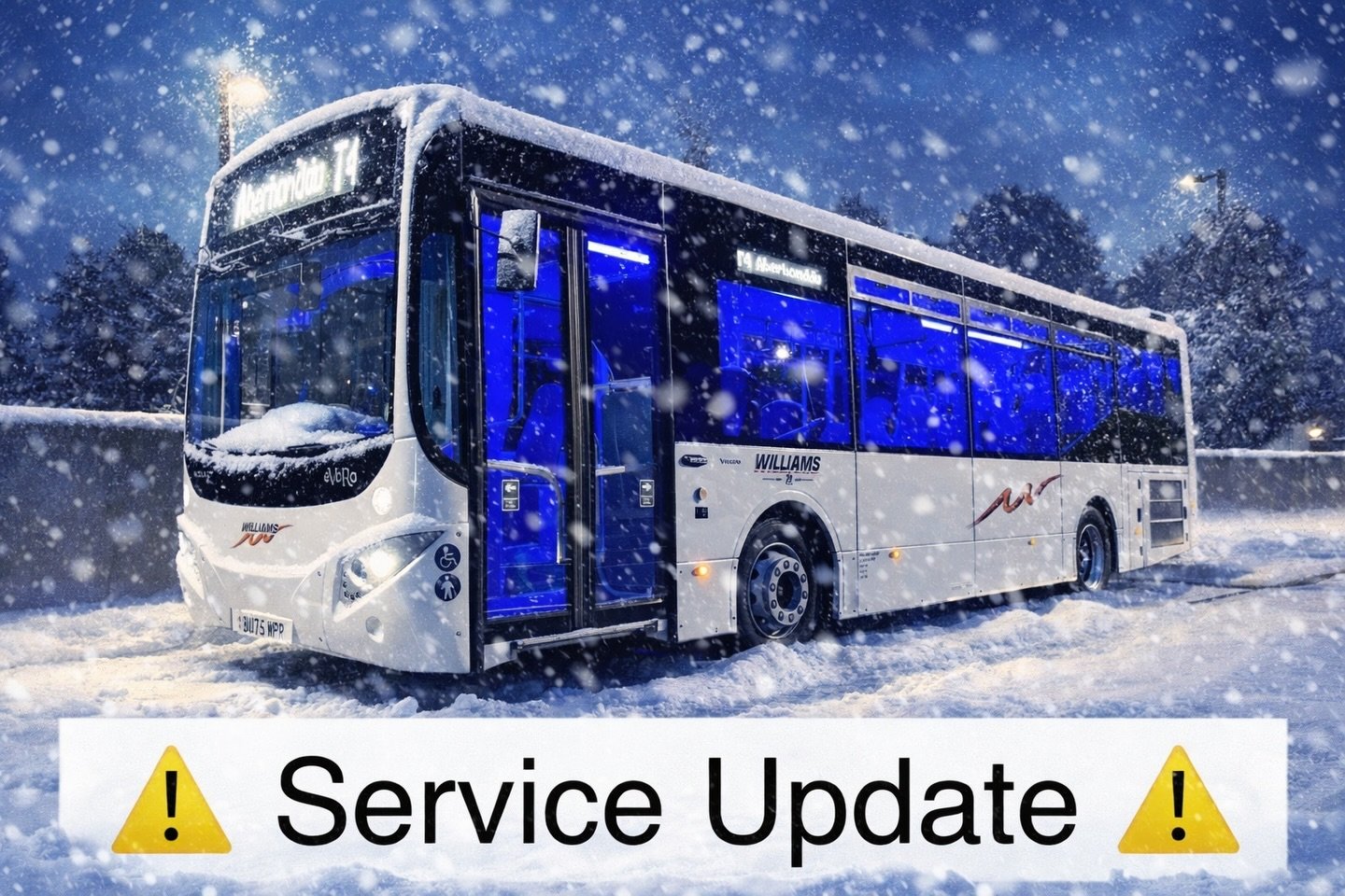 Due to treacherous road conditions North of Llandrindod Wells, and the freezing temperatures this evening, the following services are disrupted;
* 17:18 Merthyr to Newtown will terminate in Llandrindod ⚠️
* 20:05 Newtown to Merthyr cancelled ❌
* ⁠20: