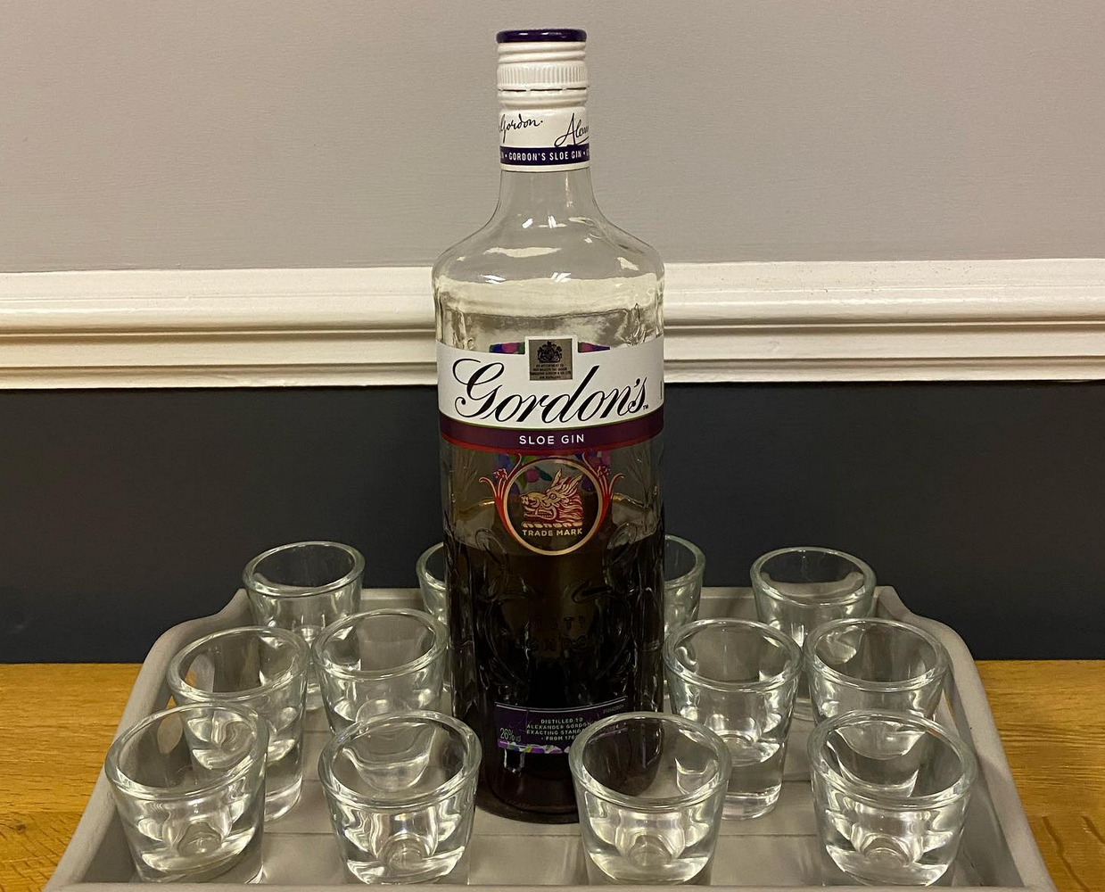 A bottle of Gordon's Sloe Gin surrounded by 10 small empty shot glasses on a metal tray, placed on a wooden surface.