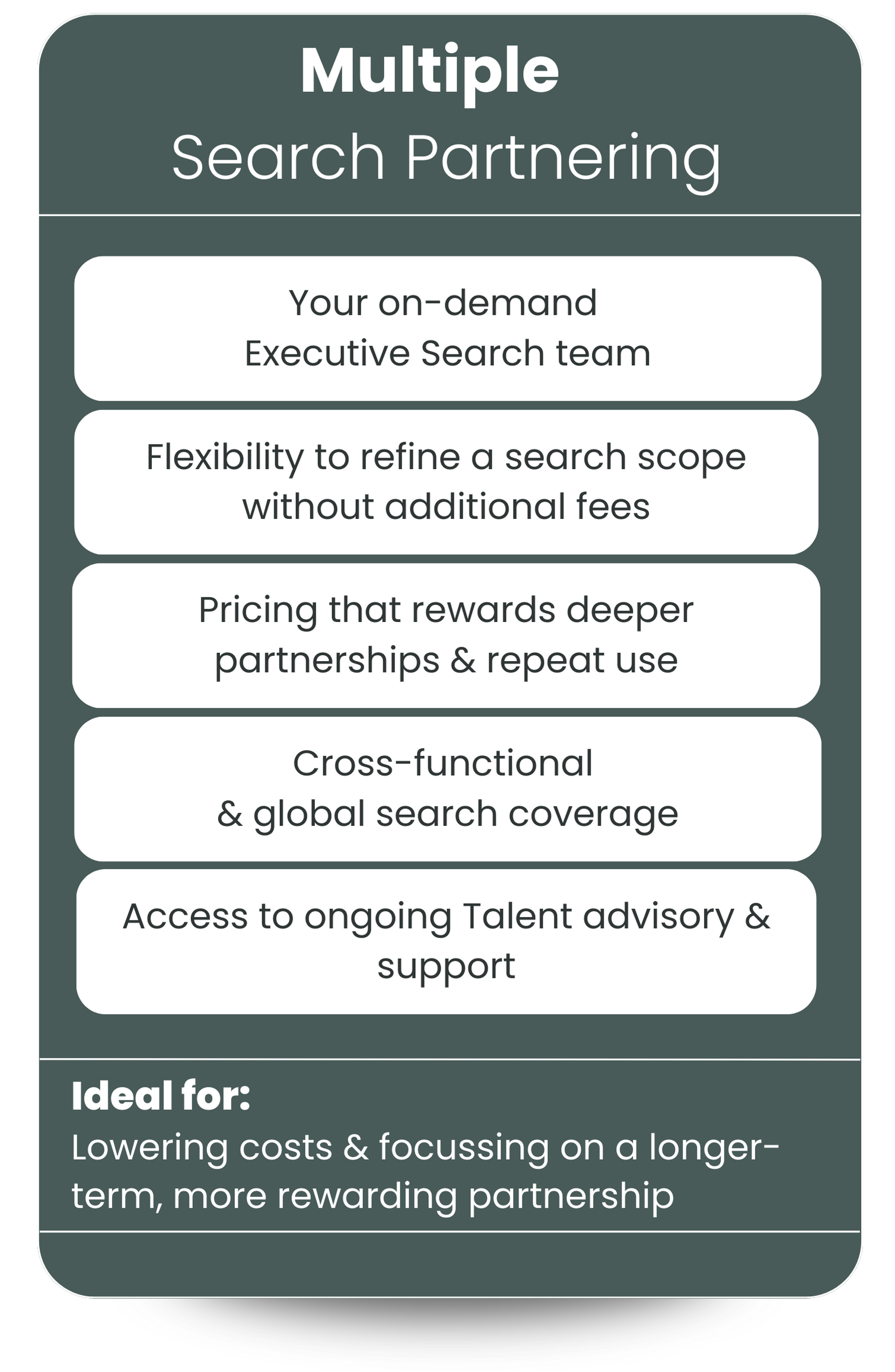 A marketing flyer titled 'Multiple Search Partnering' promoting a flexible, cost-effective, and global search partnership service with a focus on ongoing support and long-term partnerships.