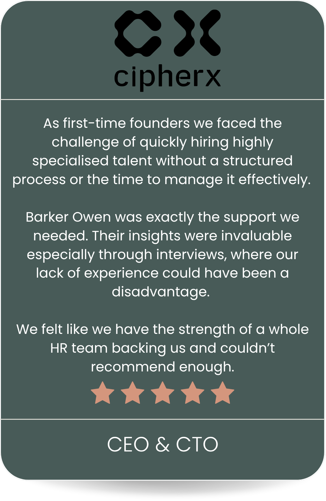 Testimonial for CipherX with a 5-star rating, praising their hiring support and insights, signed by CEO & CTO.