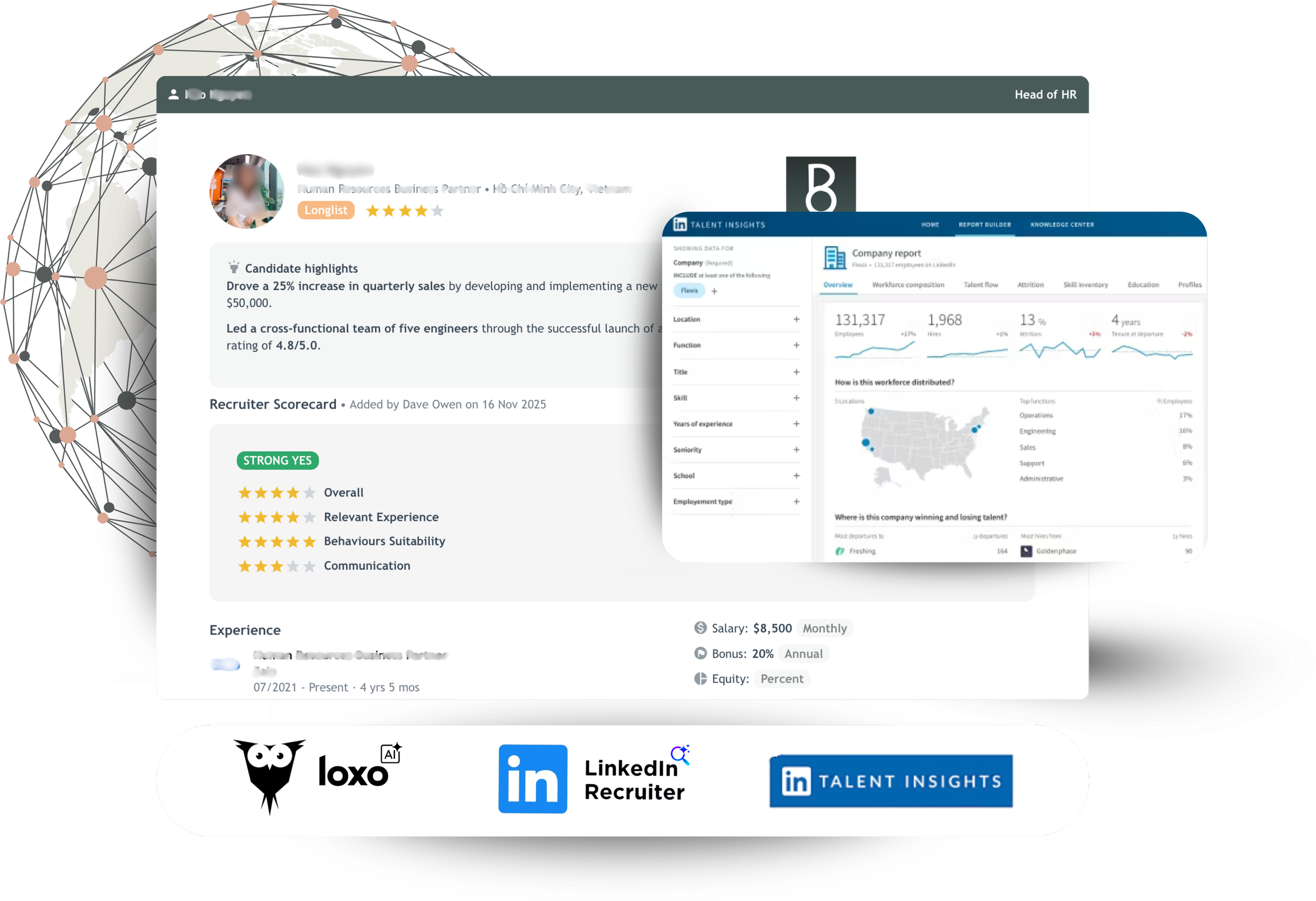 Overlay of multiple screens showing HR profile details, LinkedIn Talent Insights report, and icons for Loxo, LinkedIn Recruiter, and LinkedIn Talent Insights, with a dark background and a world map with connected nodes.