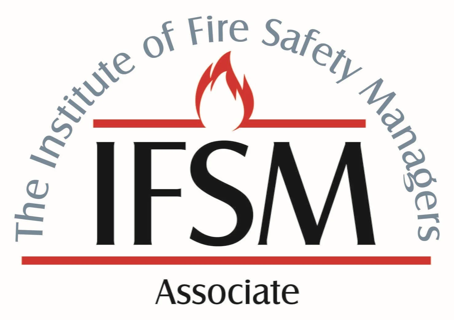 Logo of the Institute of Fire Safety Managers with a stylized red flame at the top and the acronym IFSW in large black letters, surrounded by the text "The Institute of Fire Safety Managers" and the word "Associate" at the bottom.