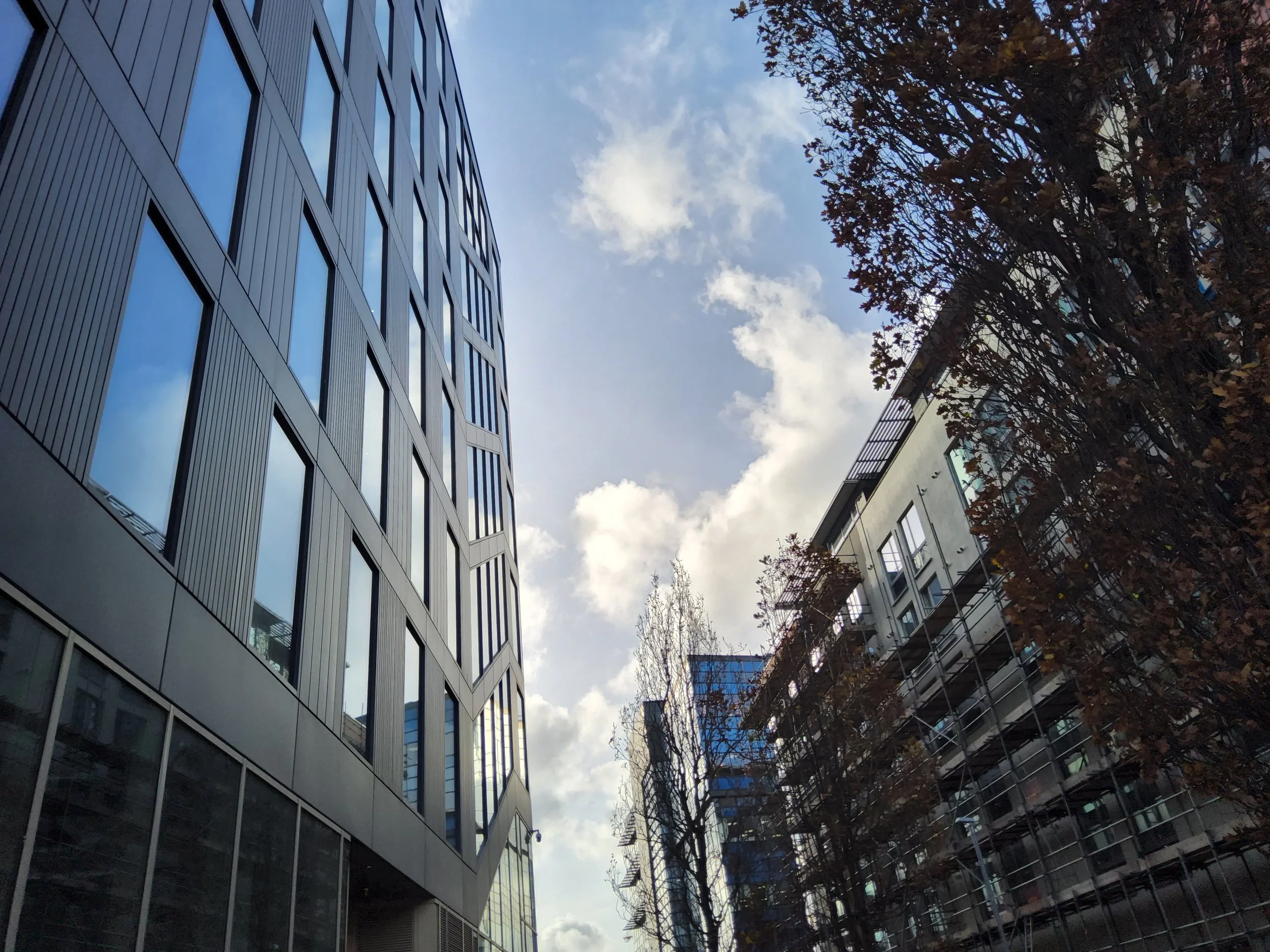 Looking up at modern office buildings with glass facades, partly cloudy sky, and trees with autumn leaves in an urban cityscape.