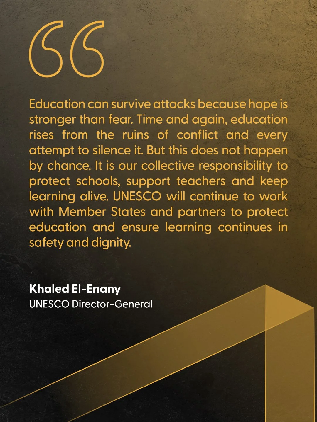 Quote by Khaled El-Enany discussing the importance of education and collective responsibility, with his photo in the bottom right corner.