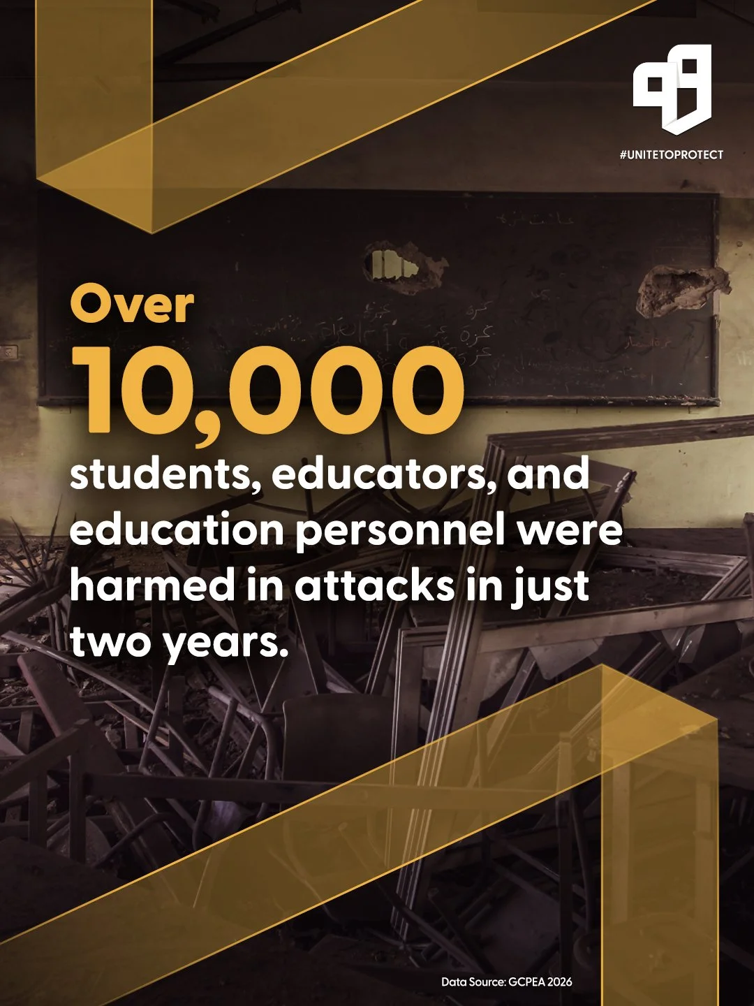 A classroom with damaged walls and scattered chairs, overlaid with text stating over 10,000 students, educators, and education personnel were harmed in attacks in two years, with a logo and hashtag in the top right corner.
