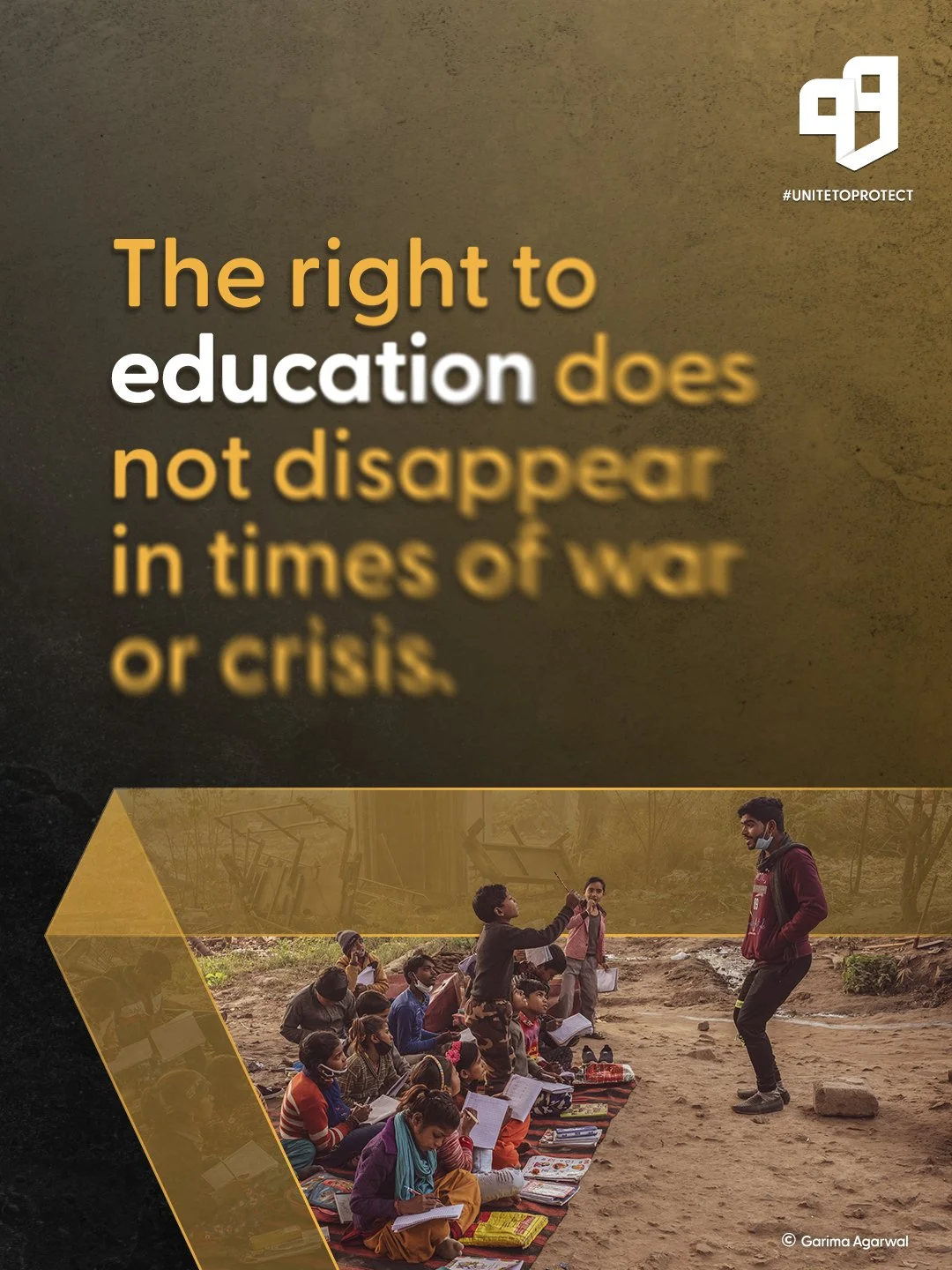 A quote about the importance of education in times of war or crisis, with a background of children sitting on the ground in a makeshift outdoor classroom, listening to a teacher.
