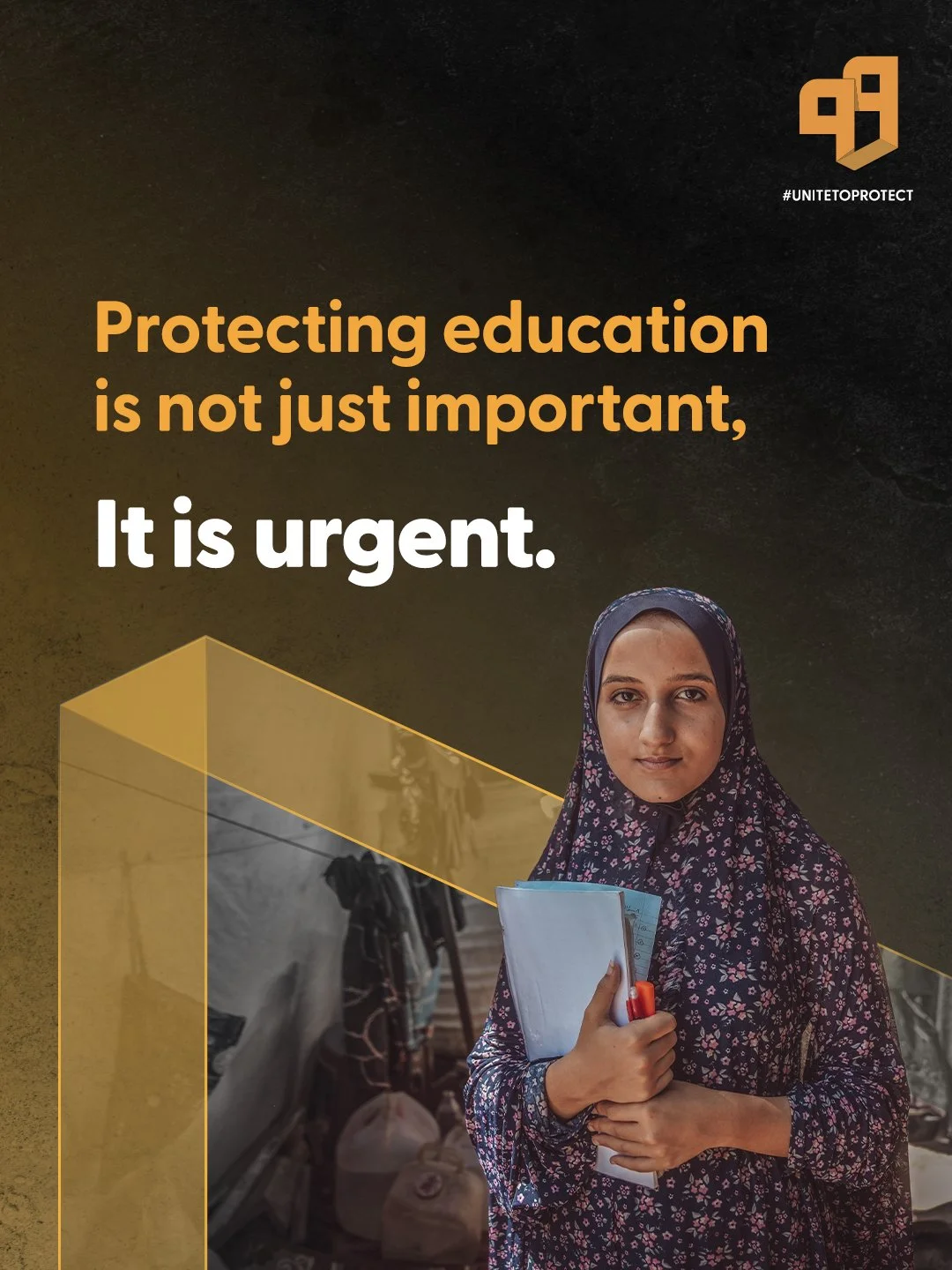 A young woman in a patterned hijab holding notebooks and a pen, with a background of hanging clothes and bags. The image has a quote about the importance of protecting education.