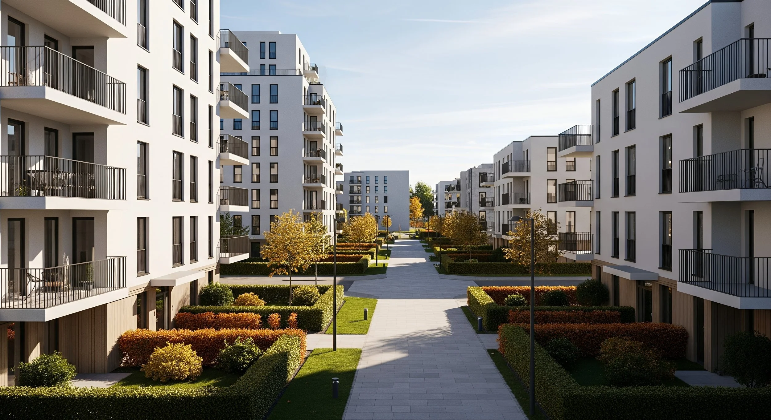 Moderner Wohnkomplex mit weißen Mehrfamilienhäusern in München Neubaugebiet