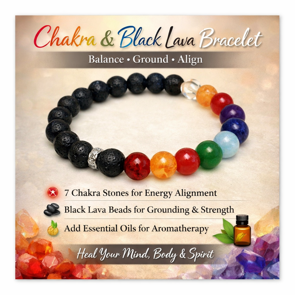 Chakra and Black Lava Bracelet
