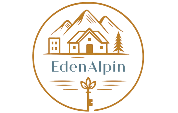 Logo rond avec illustration de maisons et arbre, texte 'EdenAlpin' en dessous.