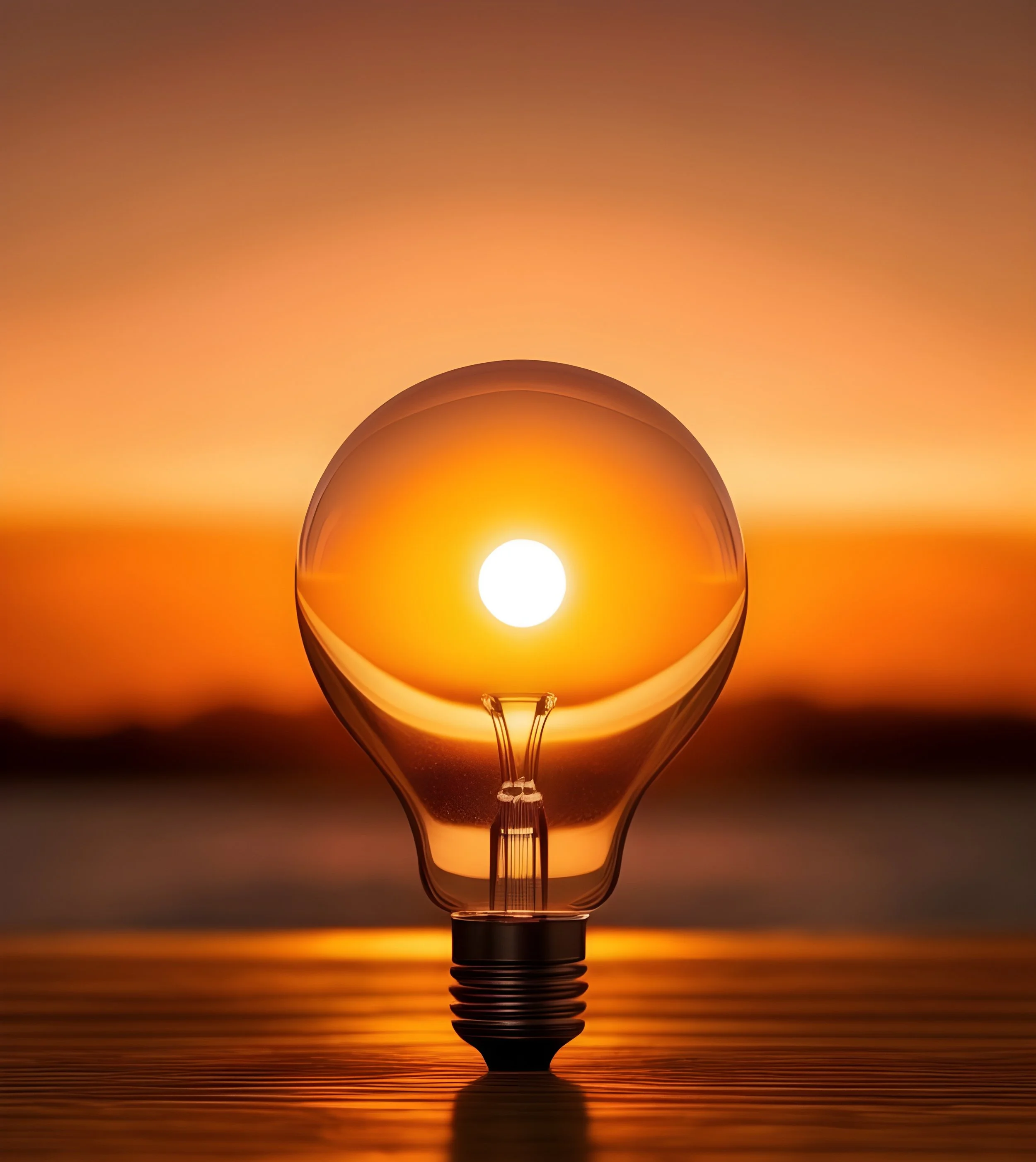 Ampoule en verre contenant une image de soleil couchant, avec un fond de ciel orange et des ombres au premier plan.