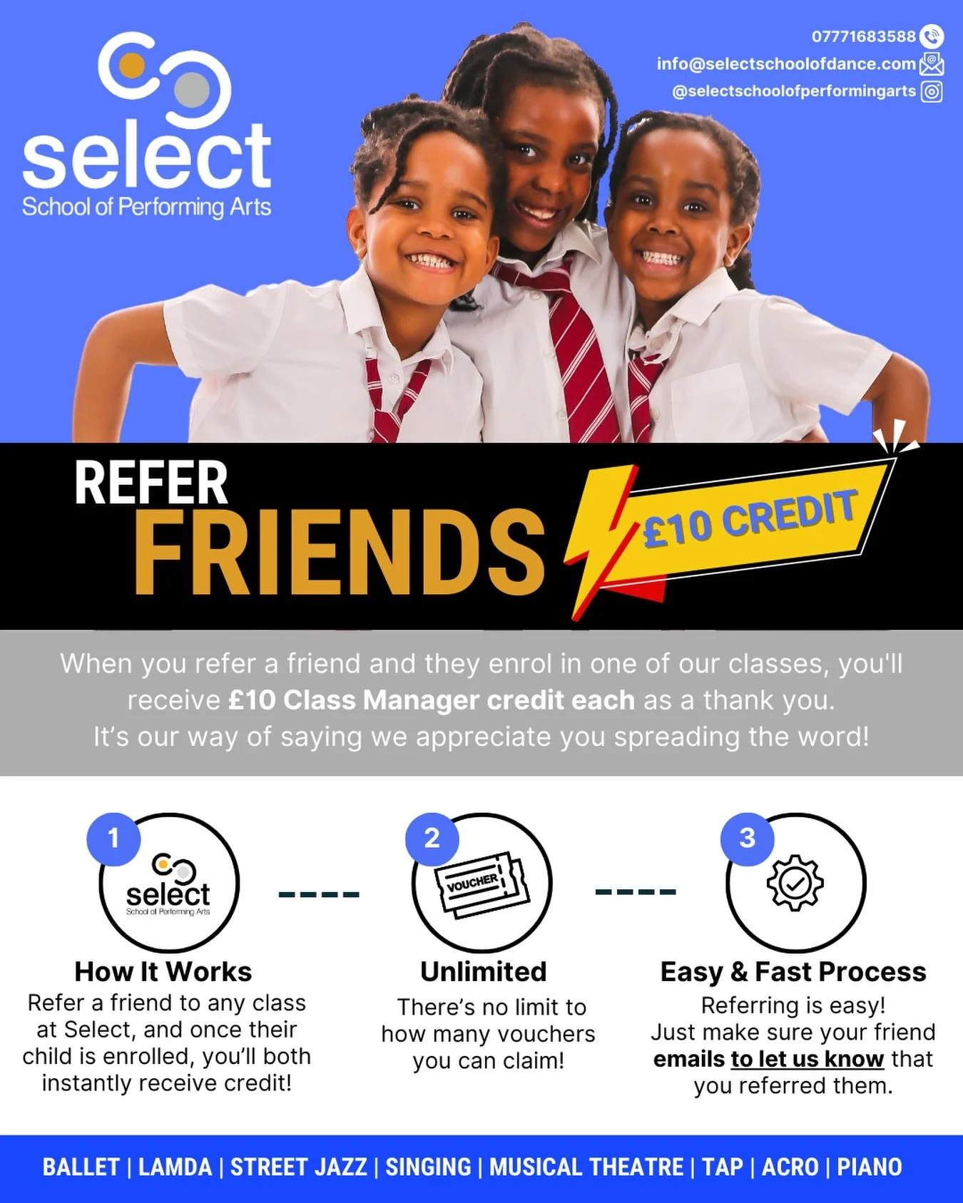 Our referral process has changed to make it easier for our customers to INSTANTLY reap the benefits of referring a friend to Select! 🥰

When a friend enrols into a class, you both recieve &pound;10 Class Manager credit 👏 make sure to email to let u
