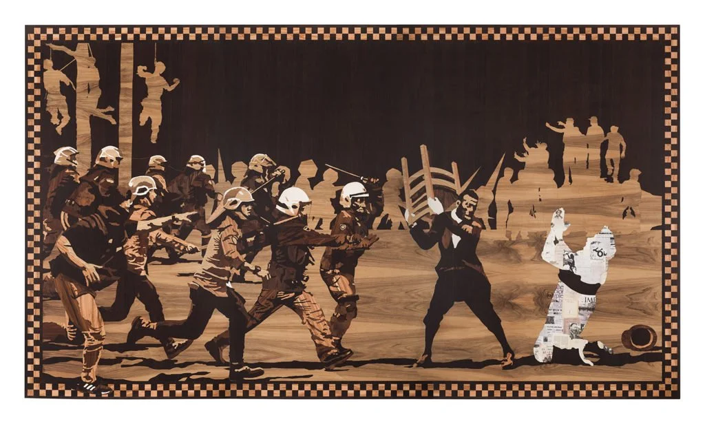 Andrea Mastrovito, History of Hostility, 2019, Marquetry and collage on wood, 305 x 535 cm