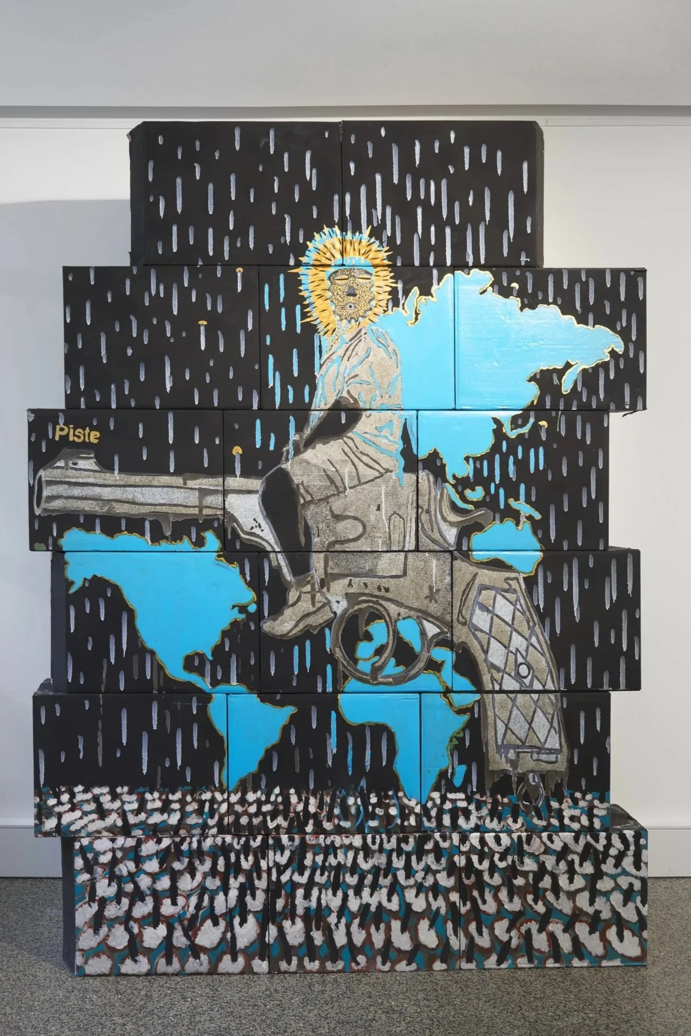 Omar Ba, The Rider 1, 2018, Mixed media on cardboard boxes, 240 x 180 x 25 cm