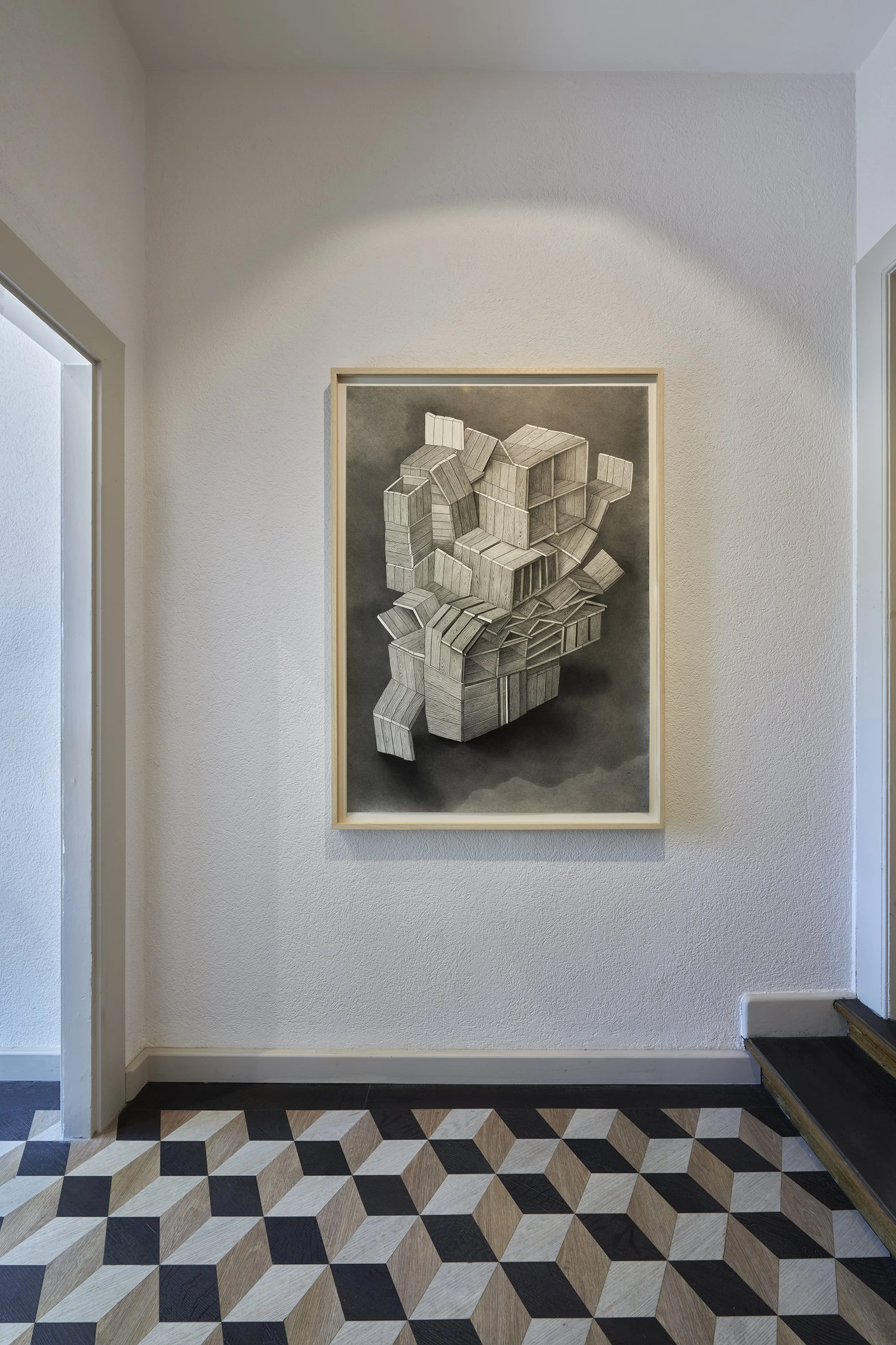 Installation view of Karoline Schreiber's exhibition Room Within, showing a framed drawing on a gallery wall