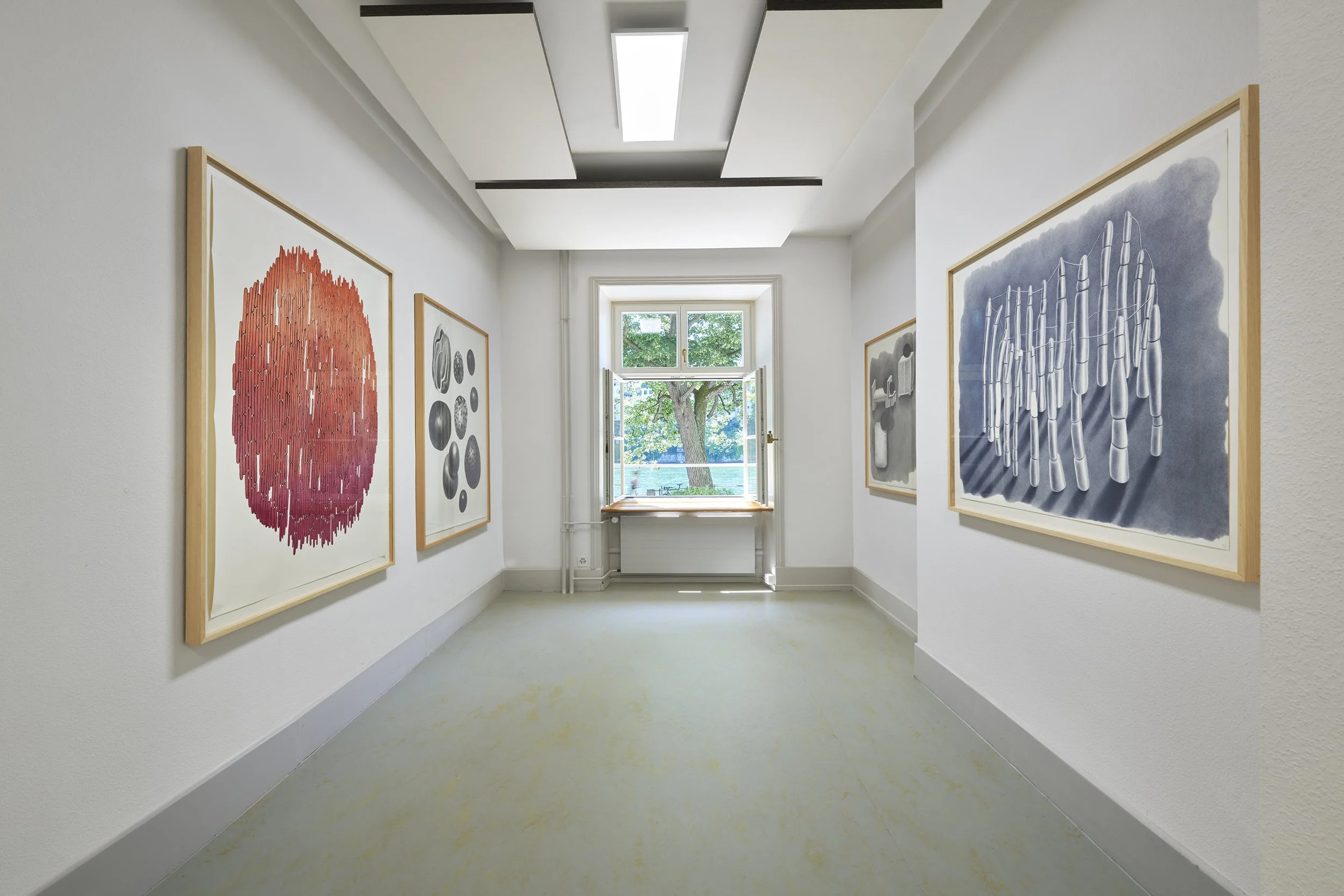 Installation view of the gallery space showing framed drawings by Karoline Schreiber displayed along a corridor