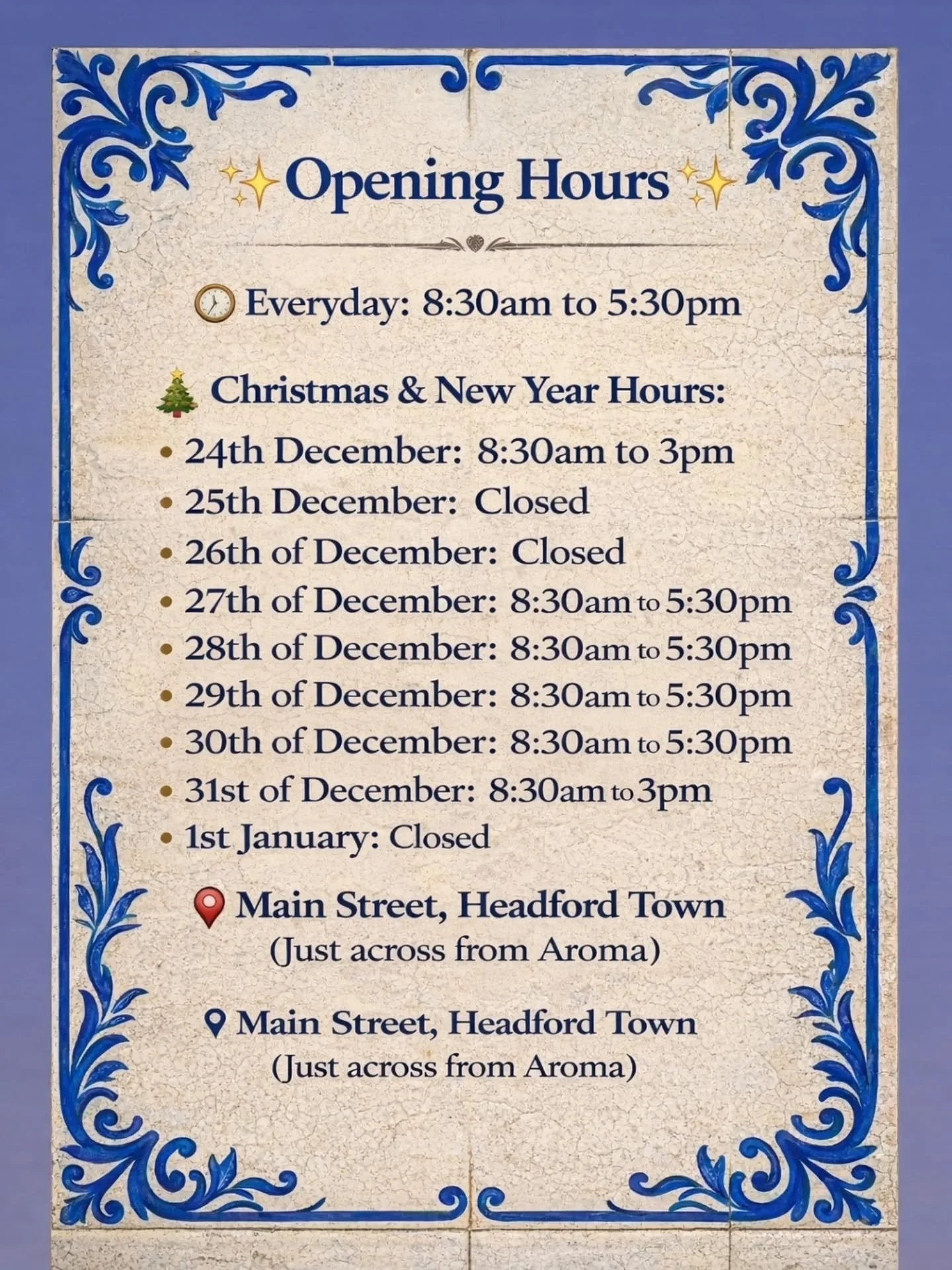 Xmas and New year's opening hours