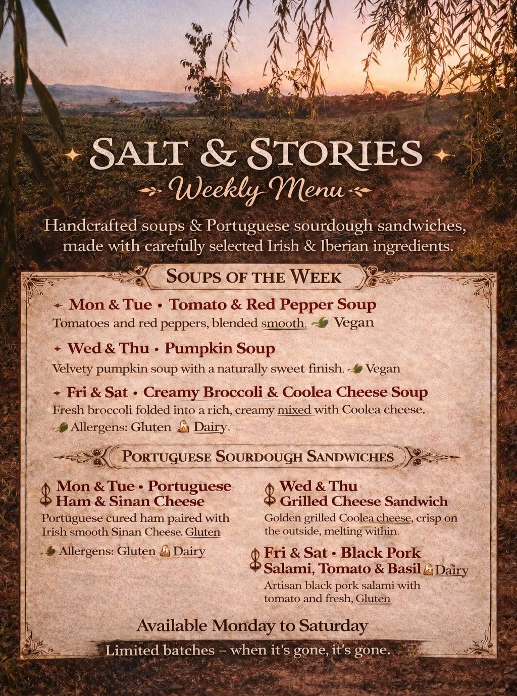 ✨ This week at Salt &amp; Stories ✨

Handcrafted soups and Portuguese sourdough sandwiches, made with carefully selected Irish &amp; Iberian ingredients.

Freshly prepared in small batches, changing through the week &mdash; because good food deserves