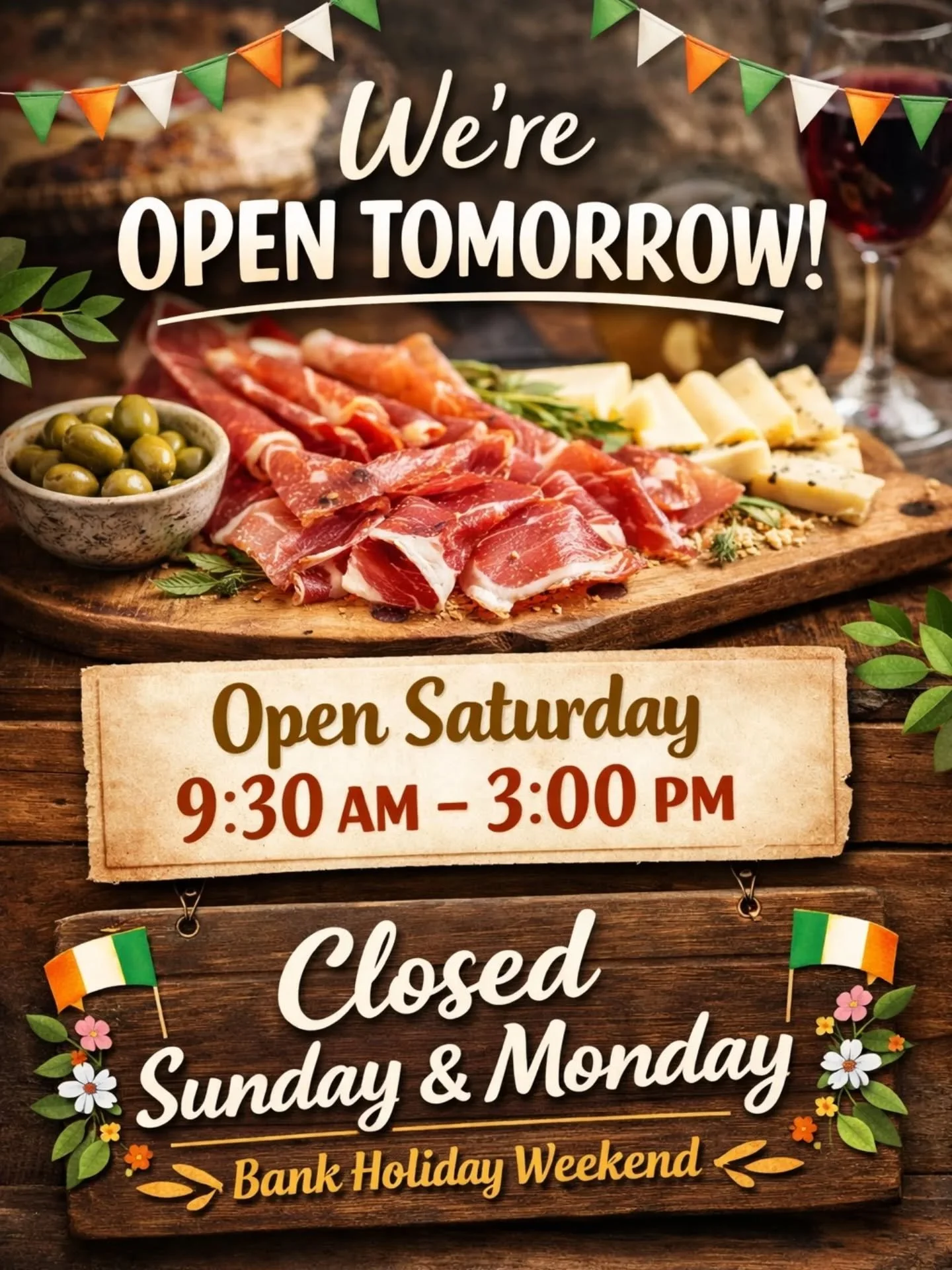 Tomorrow, we&rsquo;re opening our doors from 9:30 AM to 3:00 PM. 
Imagine the smell of freshly sliced cured meats, the richness of creamy cheeses, and the warmth of our little delicatessen welcoming you in. 🧀🥖

The Bank Holiday is calling, but we&r
