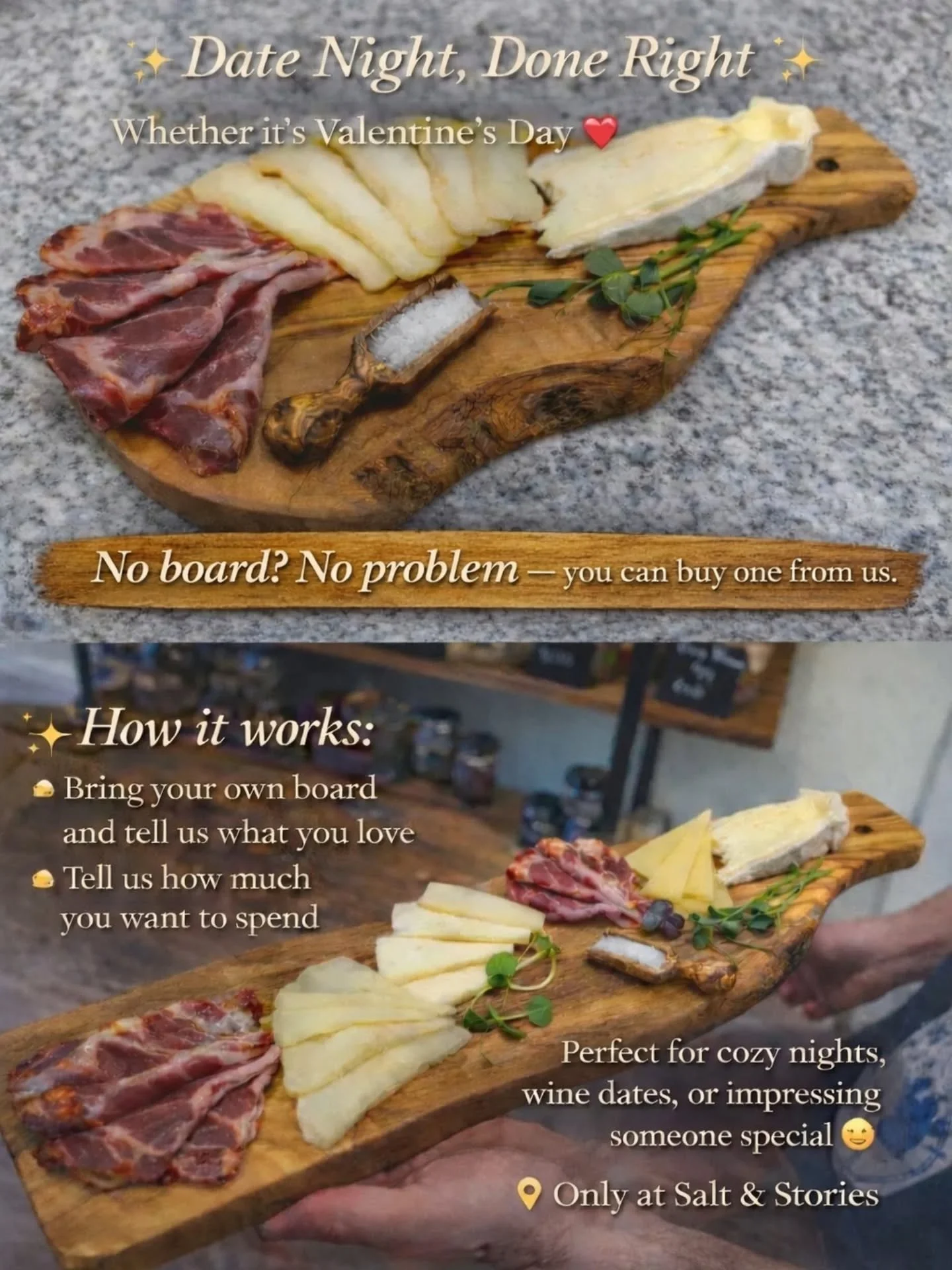 ✨ Date Night, Done Right ✨

Whether it&rsquo;s Valentine&rsquo;s Day ❤️ or just because, our charcuterie &amp; cheese boards are made to be shared.

🥖🧀 How it works:

&bull; Bring your own board and tell us what you love
&bull; Tell us how much you
