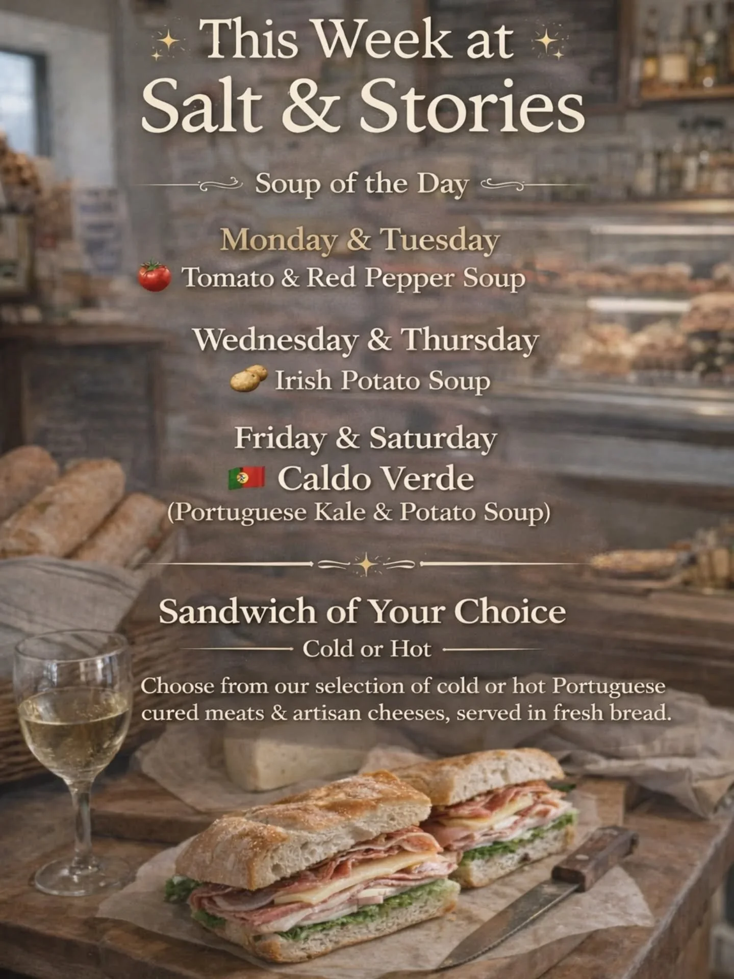 ✨ This week at Salt &amp; Stories ✨

Handcrafted soups and Portuguese sourdough sandwiches, made with carefully selected Irish &amp; Iberian ingredients.

Freshly prepared in small batches, changing through the week, because good food deserves time, 