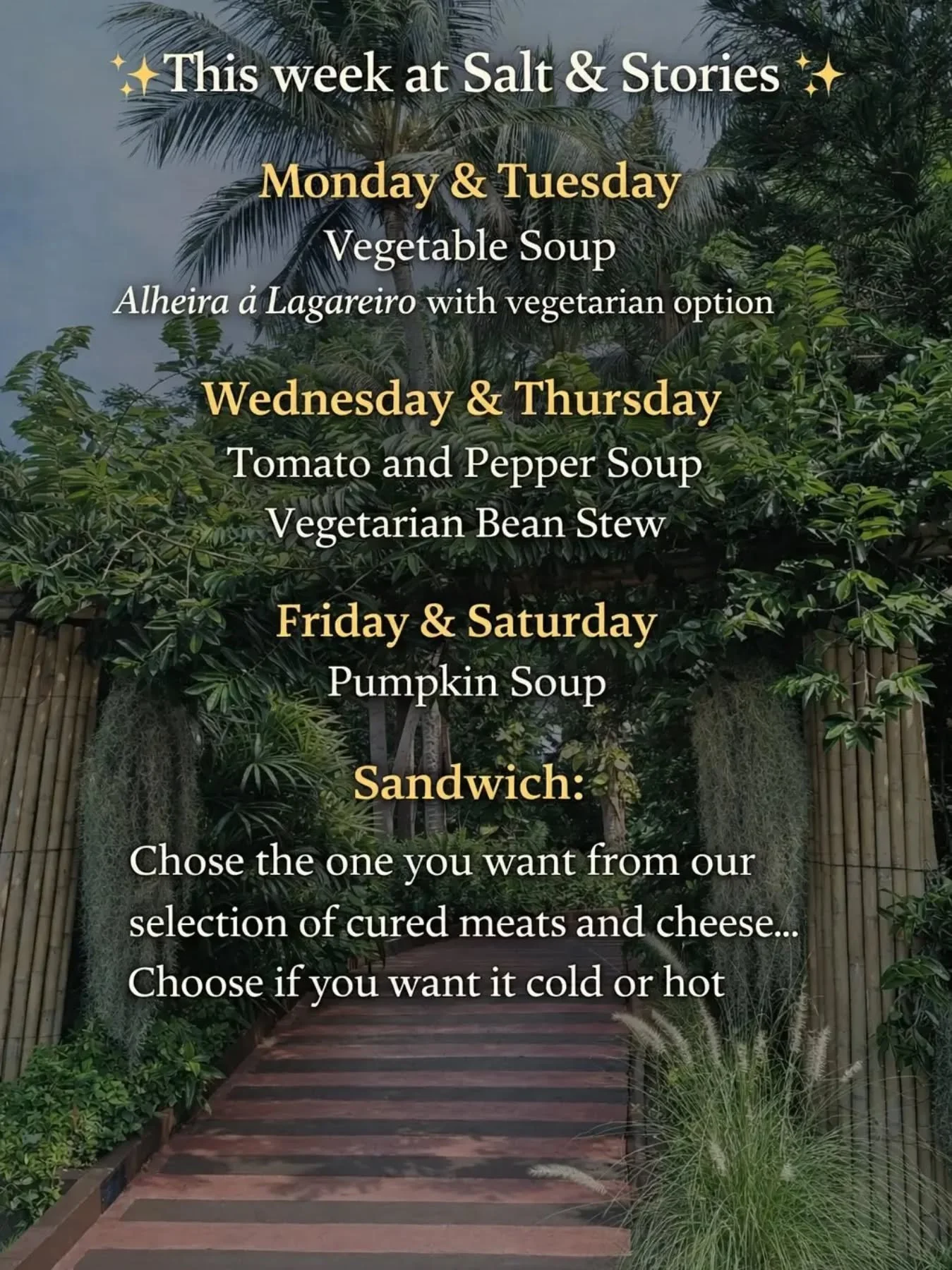 ✨ This week at Salt &amp; Stories ✨

Handcrafted soups and Portuguese sourdough sandwiches, made with carefully selected Irish &amp; Iberian ingredients.

Freshly prepared in small batches, changing through the week, because good food deserves time, 