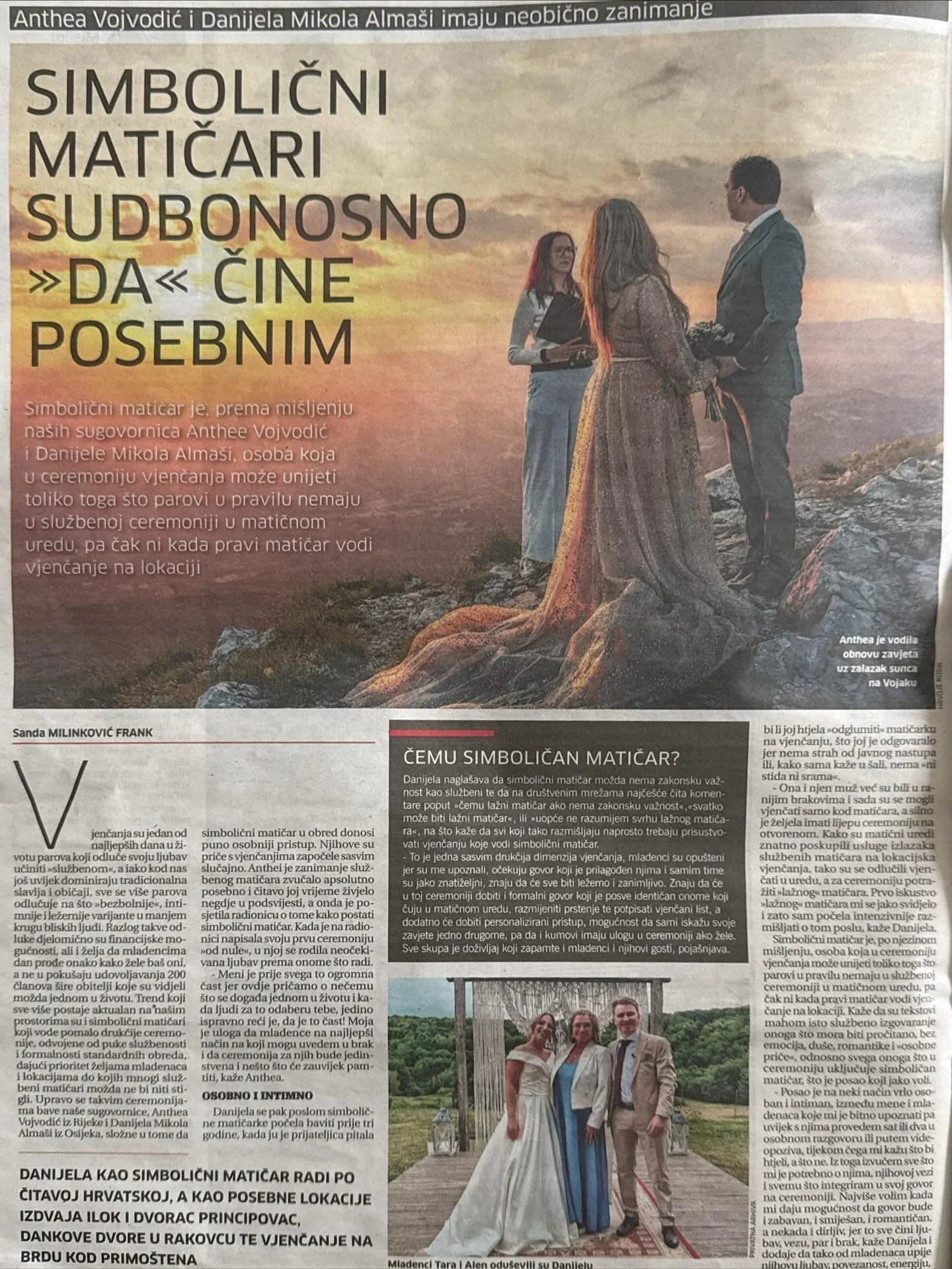 Evo nas u novom listu! U dana&scaron;njem članku @sanda.milinkovic objasnila je razlike između državnih i simboličnih matičara, te sav proces i emocije iza kulisa. 🥰
.
#uzbudenjenamax
#simbolicnimaticar #symbolicofficiantcroatia #weddingsincroatia