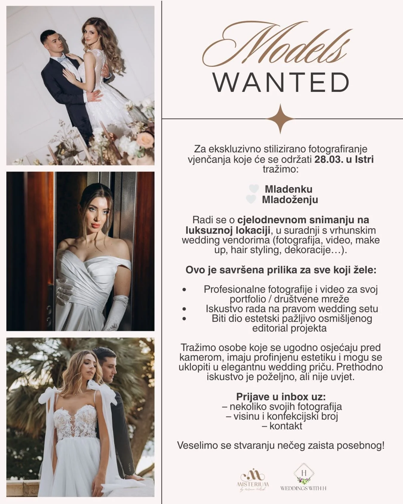 TRAŽIMO MODELE

Za ekskluzivno stilizirano fotografiranje vjenčanja koje će se održati u Istri tražimo:

-mladenku
-mladozenju

Radi se o cjelodnevnom snimanju na luksuznoj lokaciji u suradnji s vrhunskim wedding vendorima. 

Prijave u inbox!