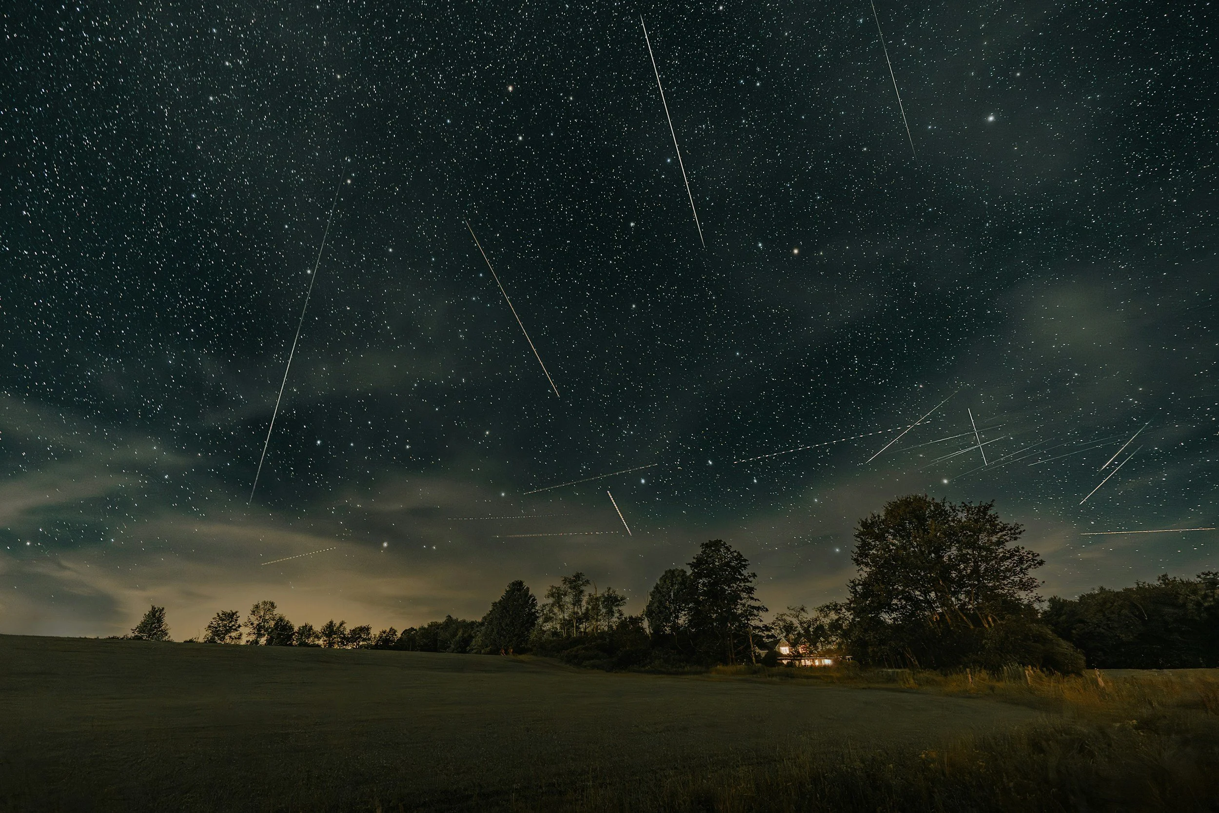 Night sky with numerous stars and several streaks of light from meteors, seen above a landscape with trees and a few small buildings.