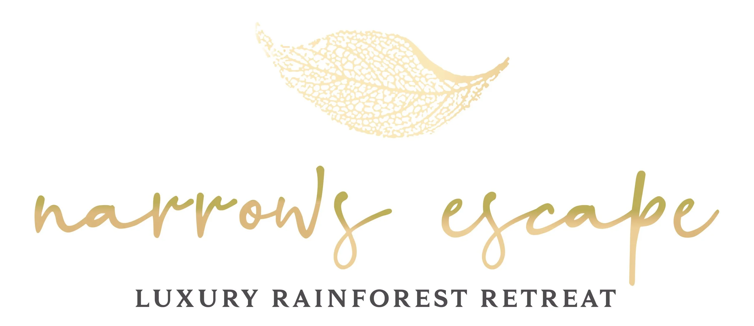 Logo for Harrows Escape Luxury Rainforest Retreat featuring a stylized leaf and elegant text.