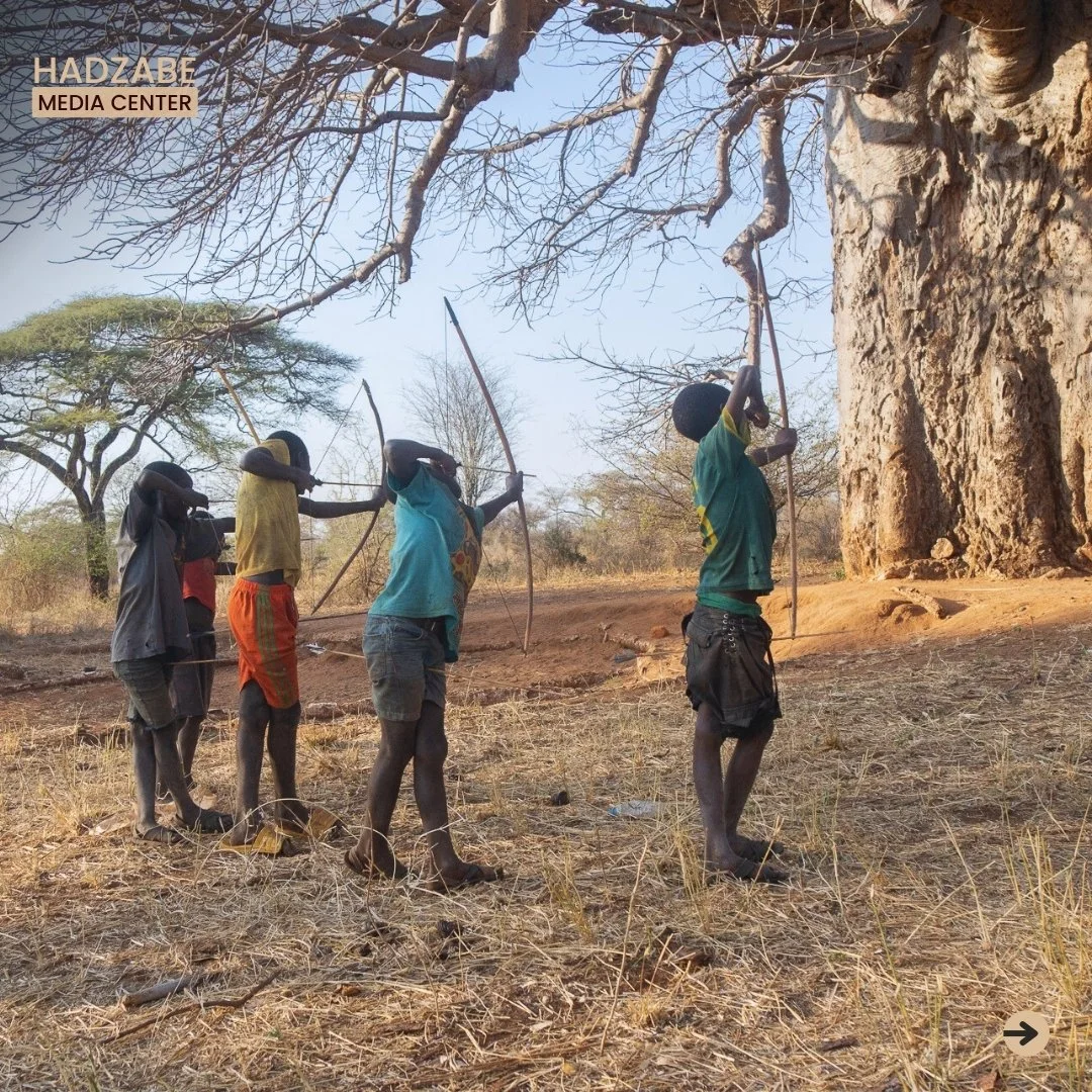 A picture showing a Hadzabe kids with their bows and arrows aiming at a target