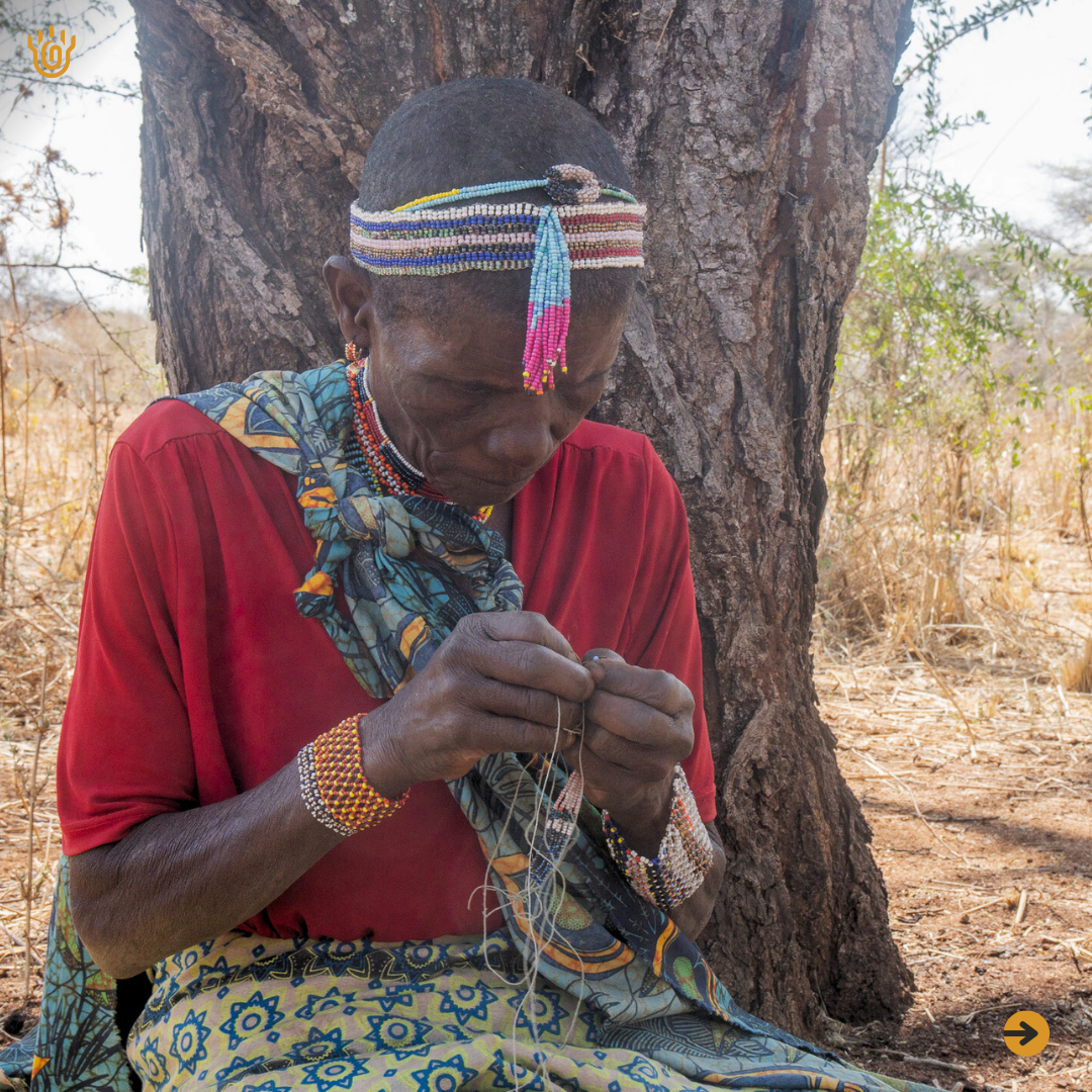 A picture showing a Hadzabe women crushing baobab fruits against a stone as she prepares a traditional nutritious juice from it 