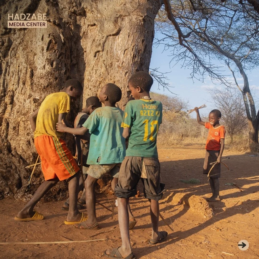 A picture of Hazdabe kids gathering on a baobab tree, one of the kids is smiling while holding his arrows up