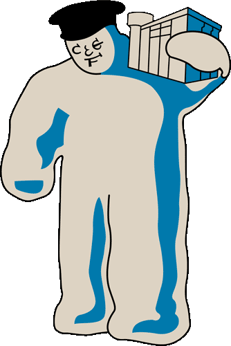 Un bonhomme de Figure représentant un humain portant une chemise, avec une main tenant un bâtiment ou une structure.