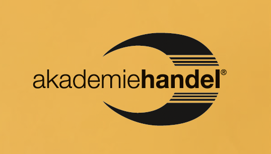 Logo mit dem Text 'akademiehandel' auf gelbem Hintergrund, mit einer schwarzen halbkreisen Design.