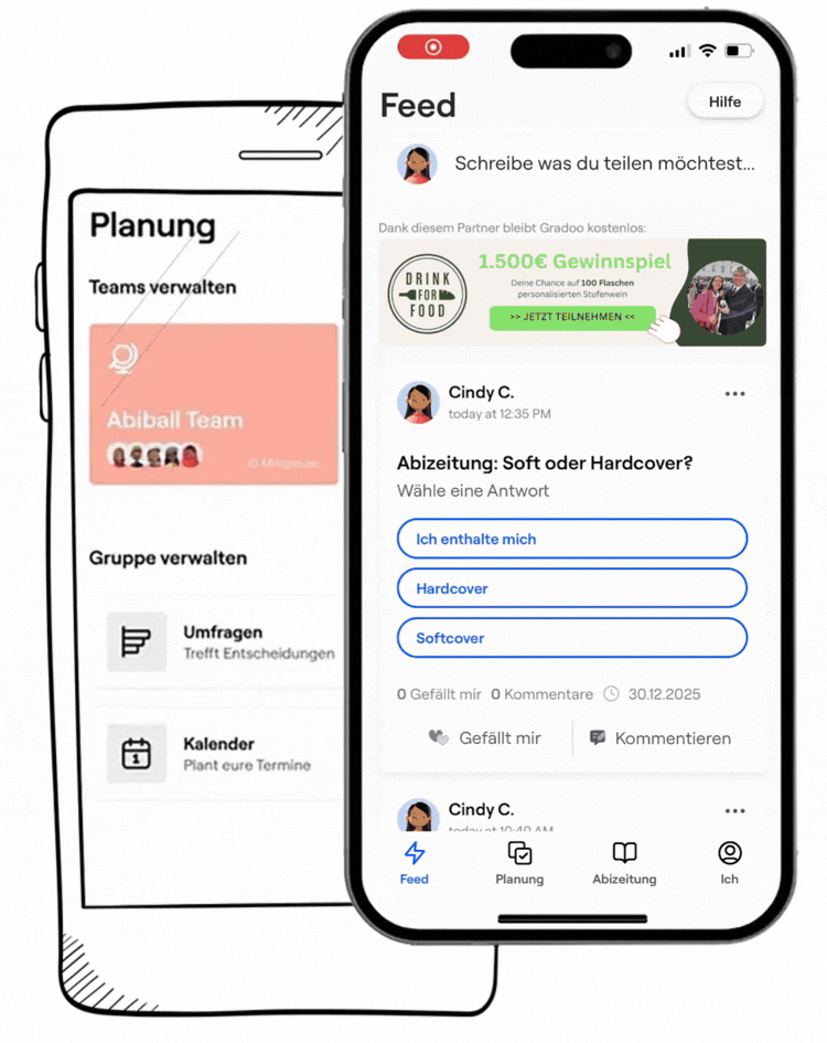 Smartphone mit Social-Media-App auf dem Bildschirm, zeigt einen Feed mit Umfragen und Beiträgen, daneben ein Dokument mit Teamplanung und Kalender.