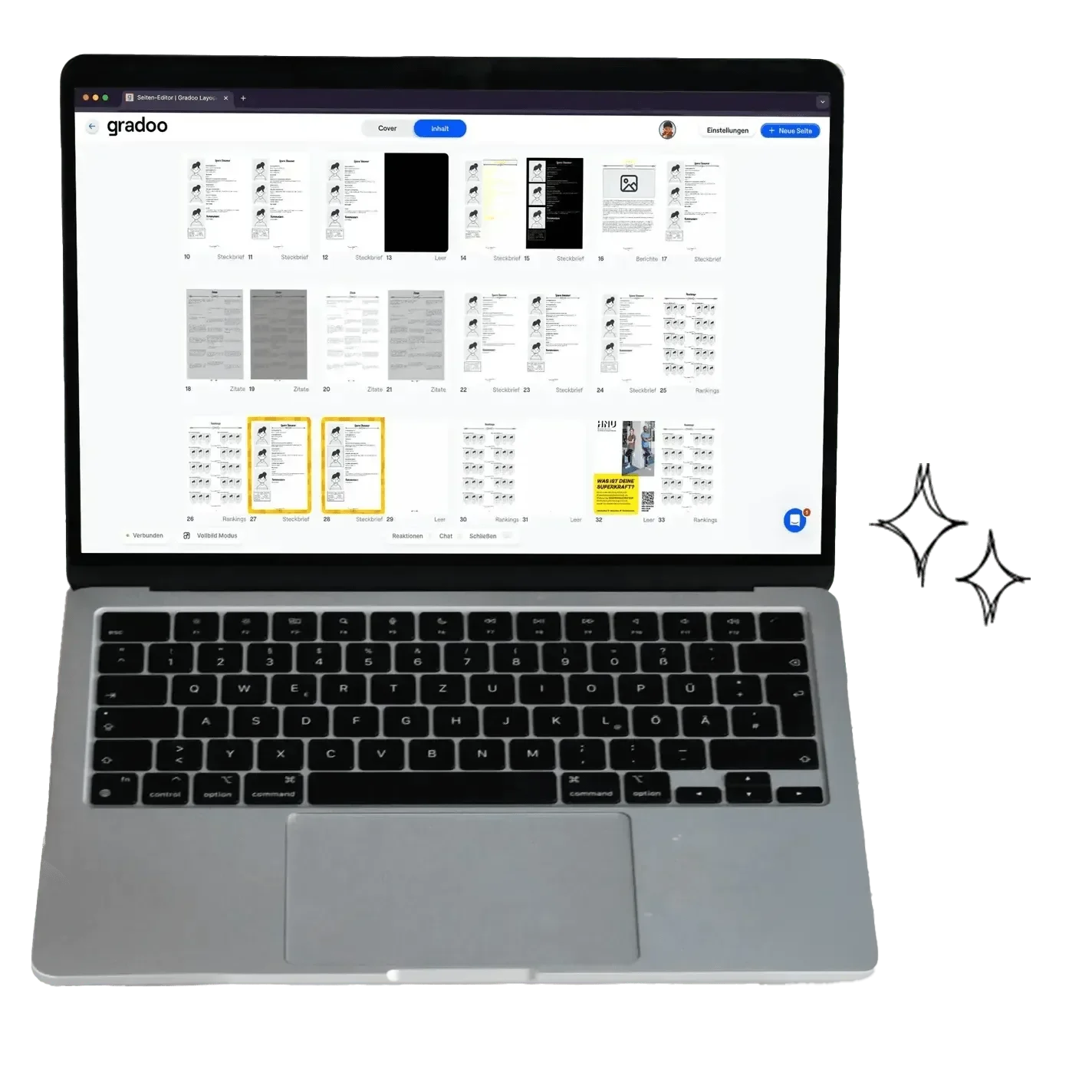 Ein Laptop zeigt einen digitalen Dokumenten-Editor mit mehreren Seitenvorschauen, auf einem grünen und weißen Hintergrund.