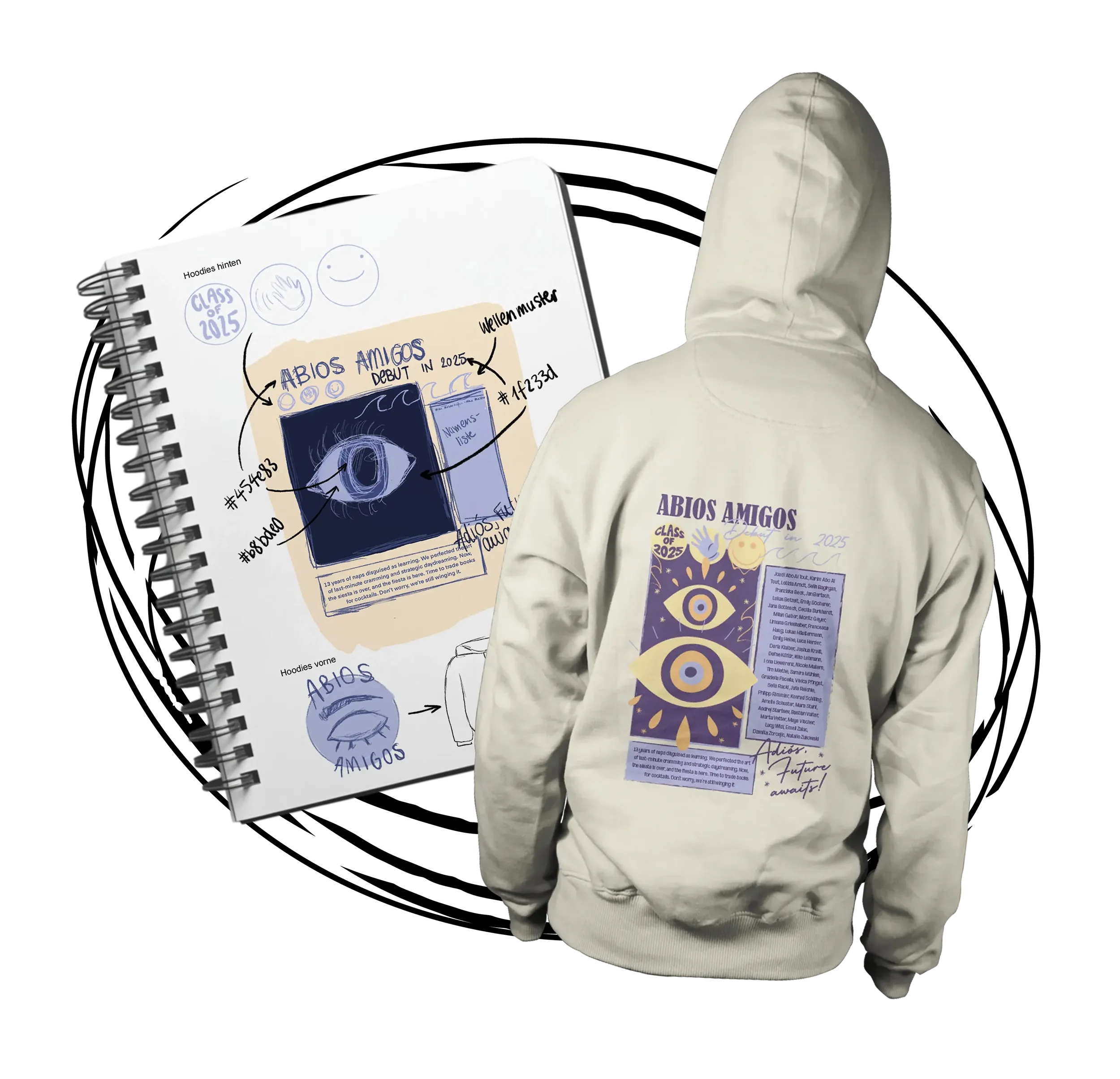 Ein weißer Hoodie mit einem grafischen Design auf der Rückseite, das zwei Augen, den Text 'ABIOS AMIGOS' und weitere Details in Blau, Gelb und Lila zeigt. Der Hoodie ist von hinten zu sehen, vor einem Skizzenbuch mit Entwürfen für ein ähnliches Design.