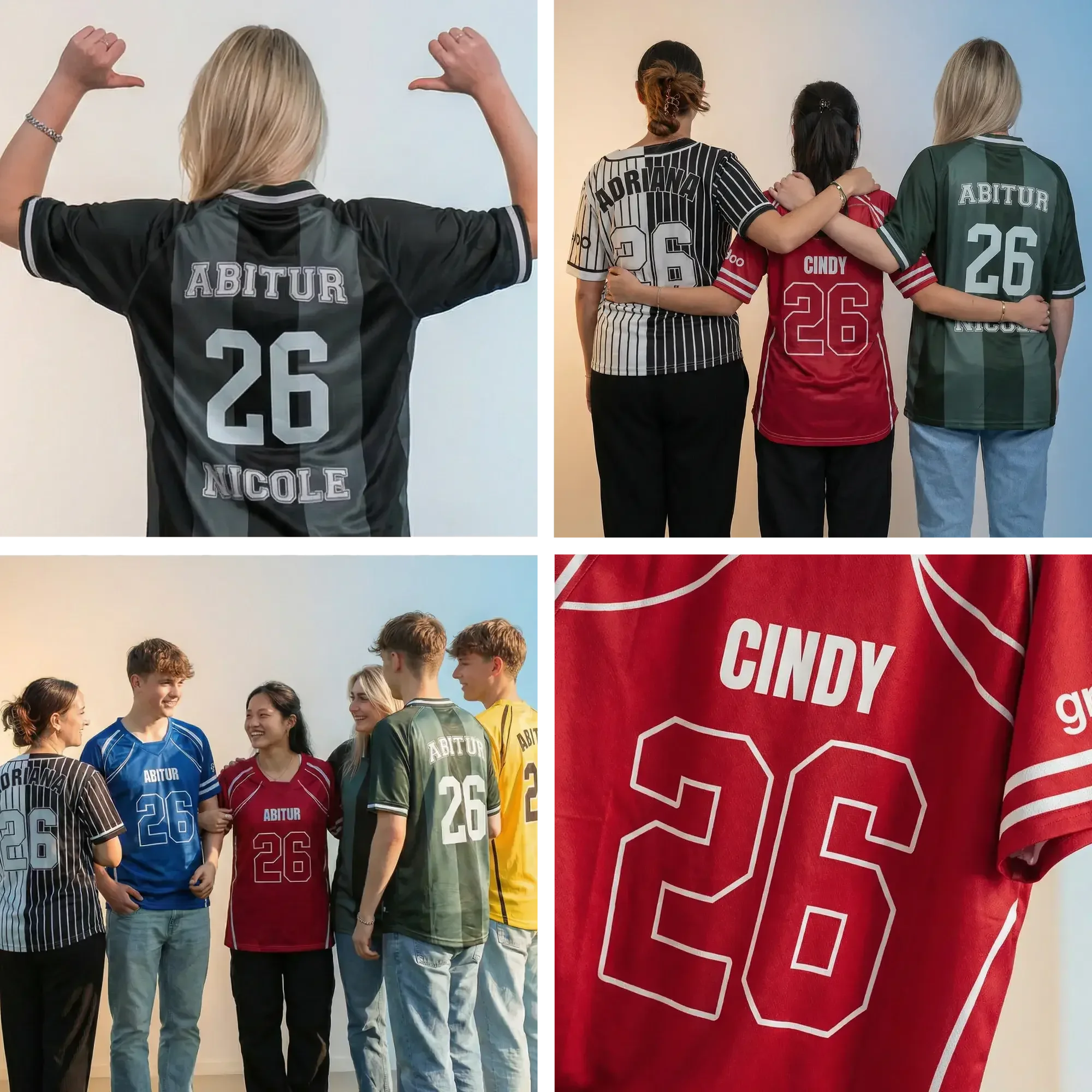 Verschiedene Menschen in sportlichen Trikots mit der Nummer 26, die zusammensitzen und lachen, im Hintergrund einer roten Trikot mit dem Namen 'CINDY' und der Nummer 26.