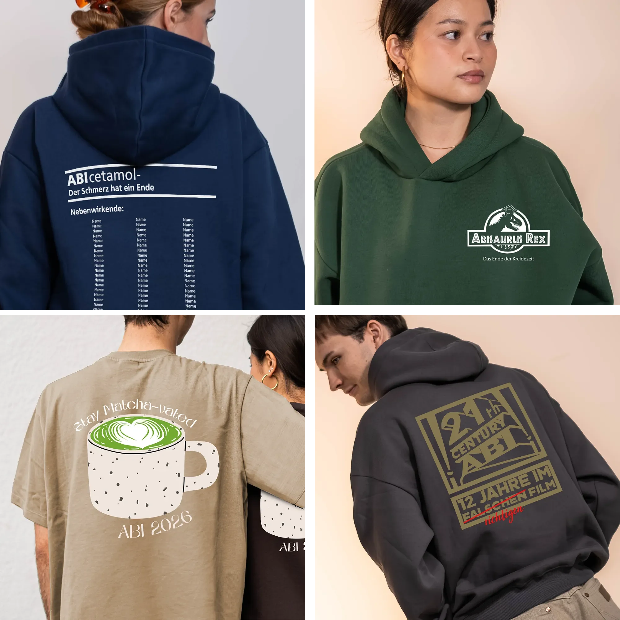 Verschiedene hoodies und T-Shirts mit Texten und Grafiken, getragen von jungen Menschen, die sich von hinten oder seitlich zeigen.